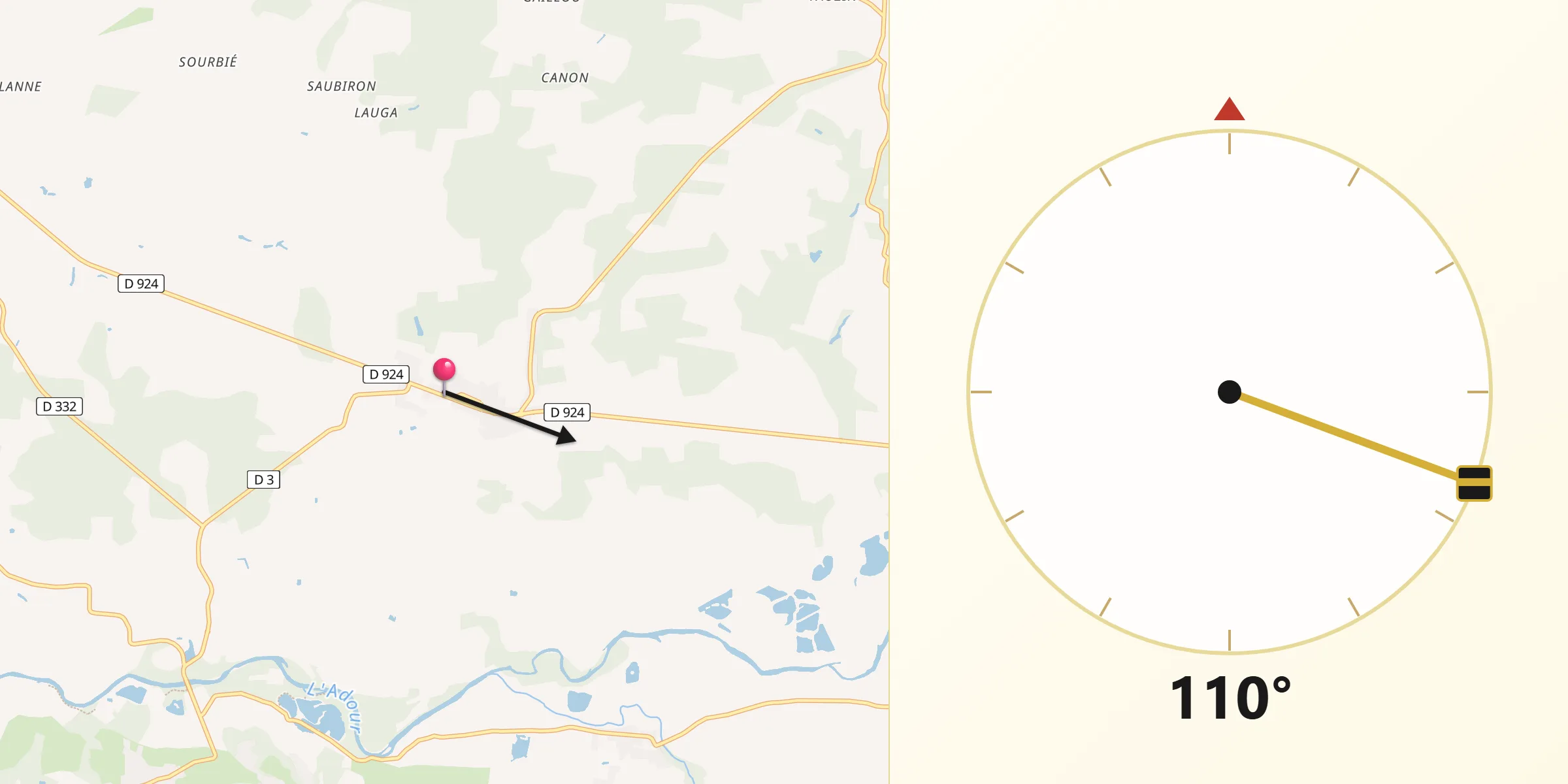 Direction vers la Qibla depuis Souprosse