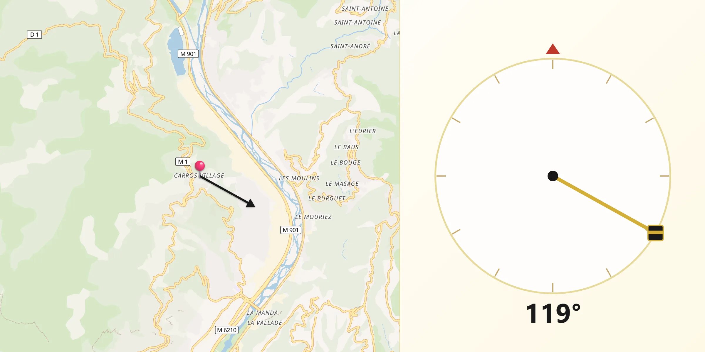 Direction vers la Qibla depuis Carros