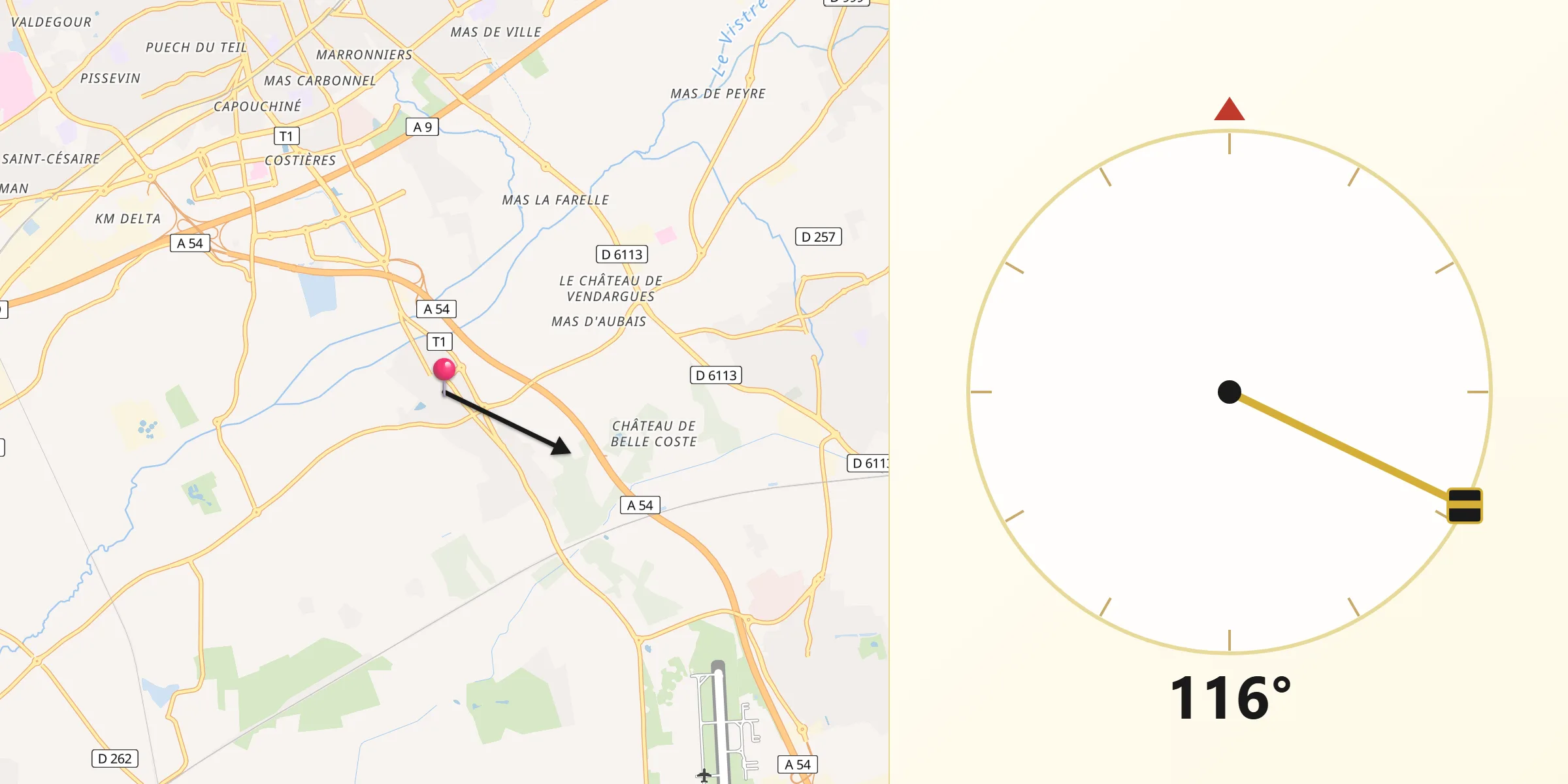 Direction vers la Qibla depuis Caissargues