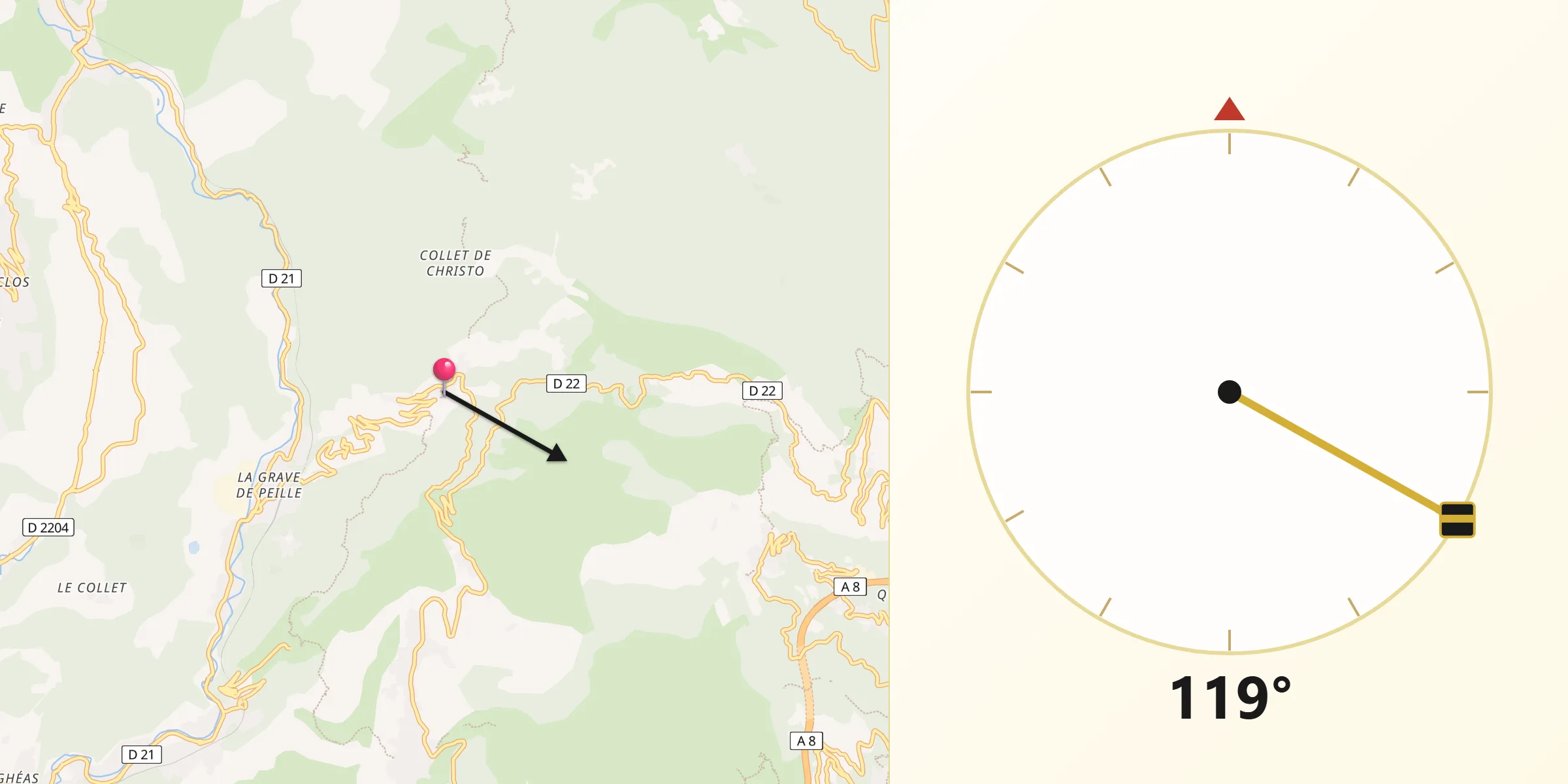Direction vers la Qibla depuis Peille