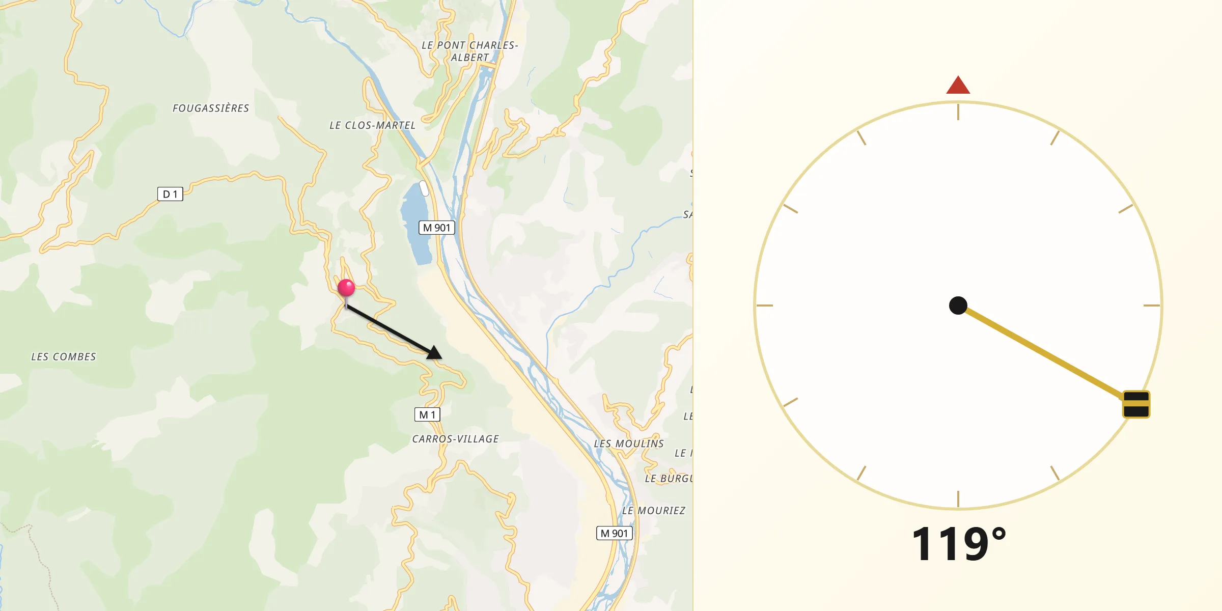Direction vers la Qibla depuis Le Broc
