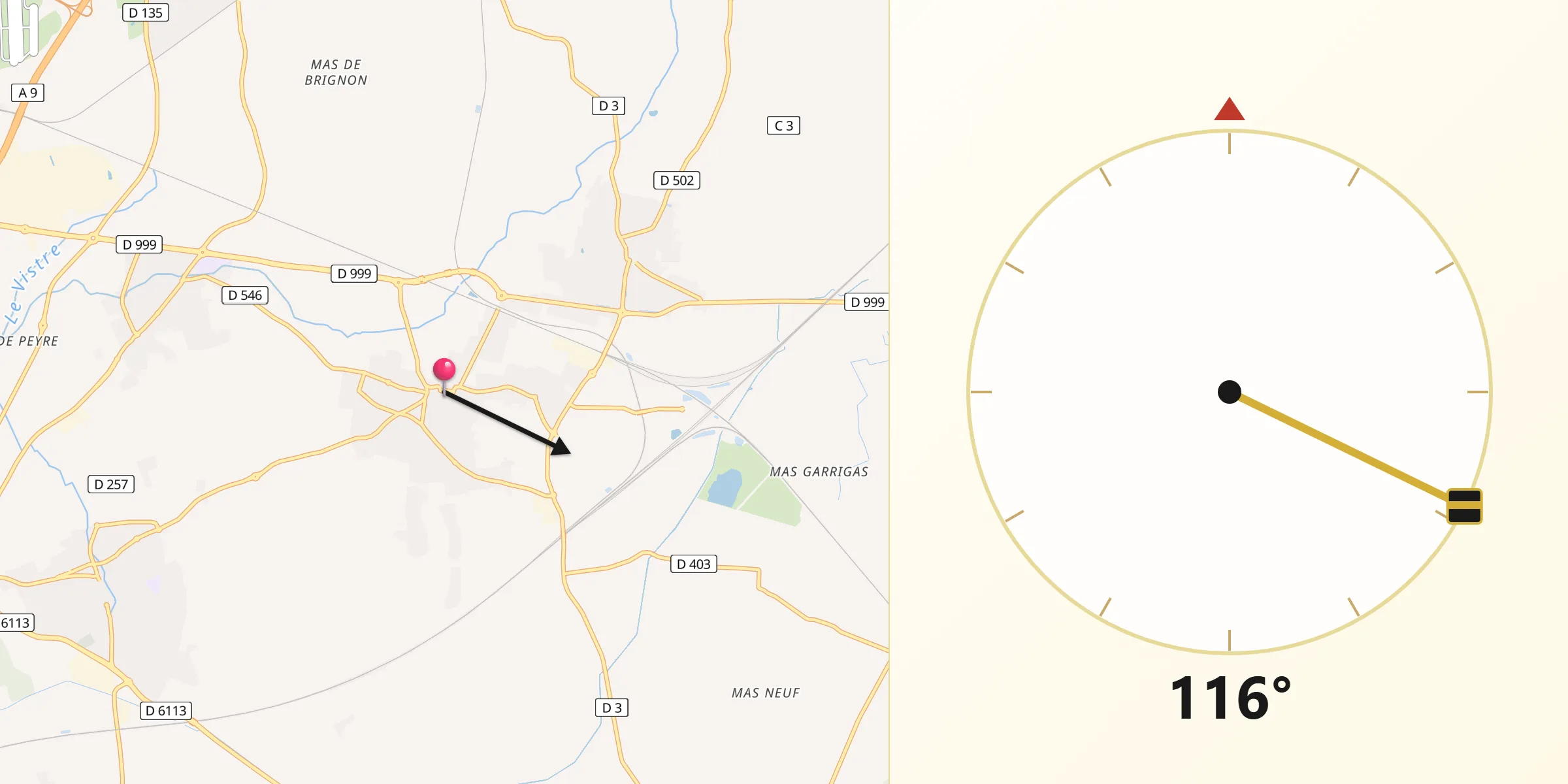 Direction vers la Qibla depuis Manduel