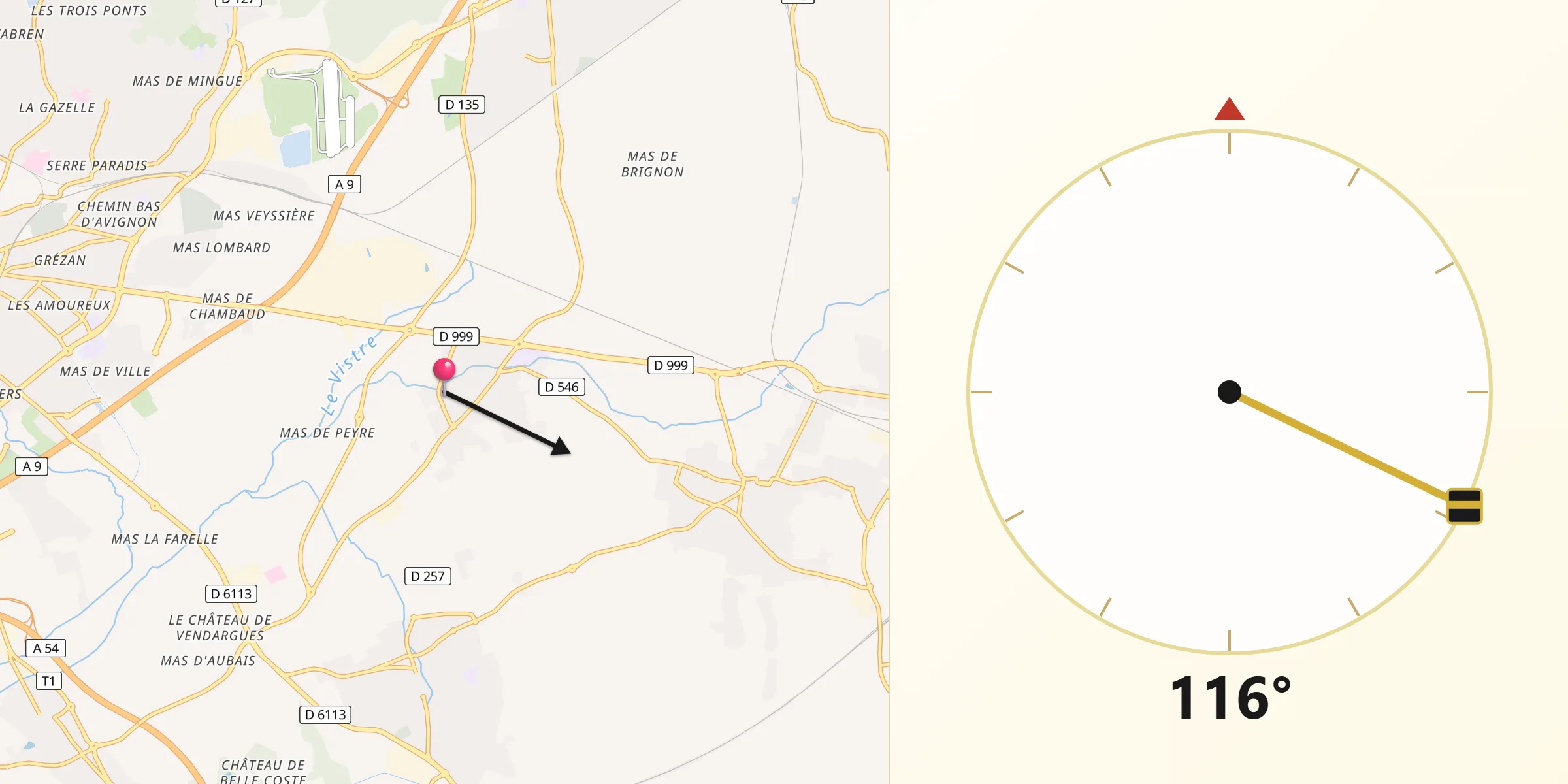 Direction vers la Qibla depuis Rodilhan