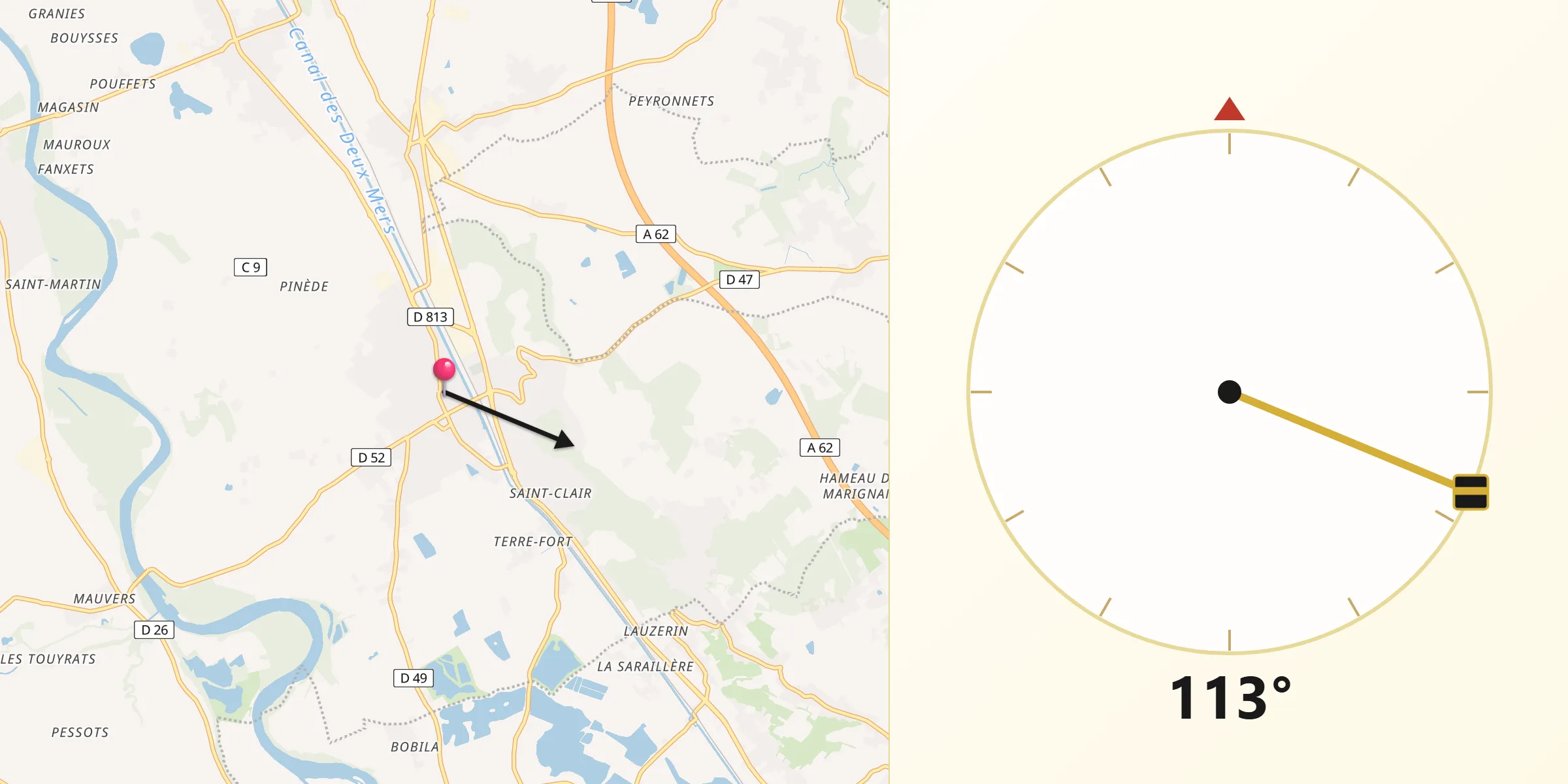 Direction vers la Qibla depuis Grisolles