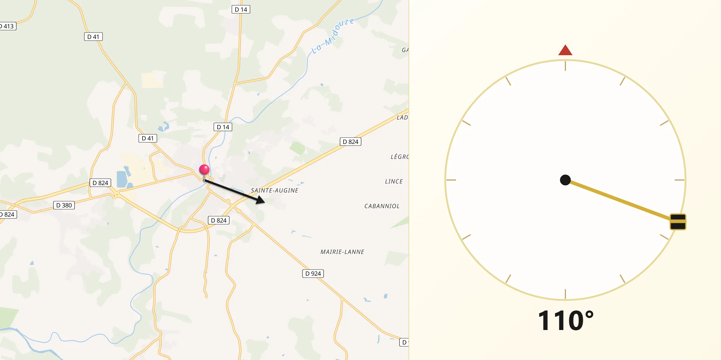 Direction vers la Qibla depuis Tartas