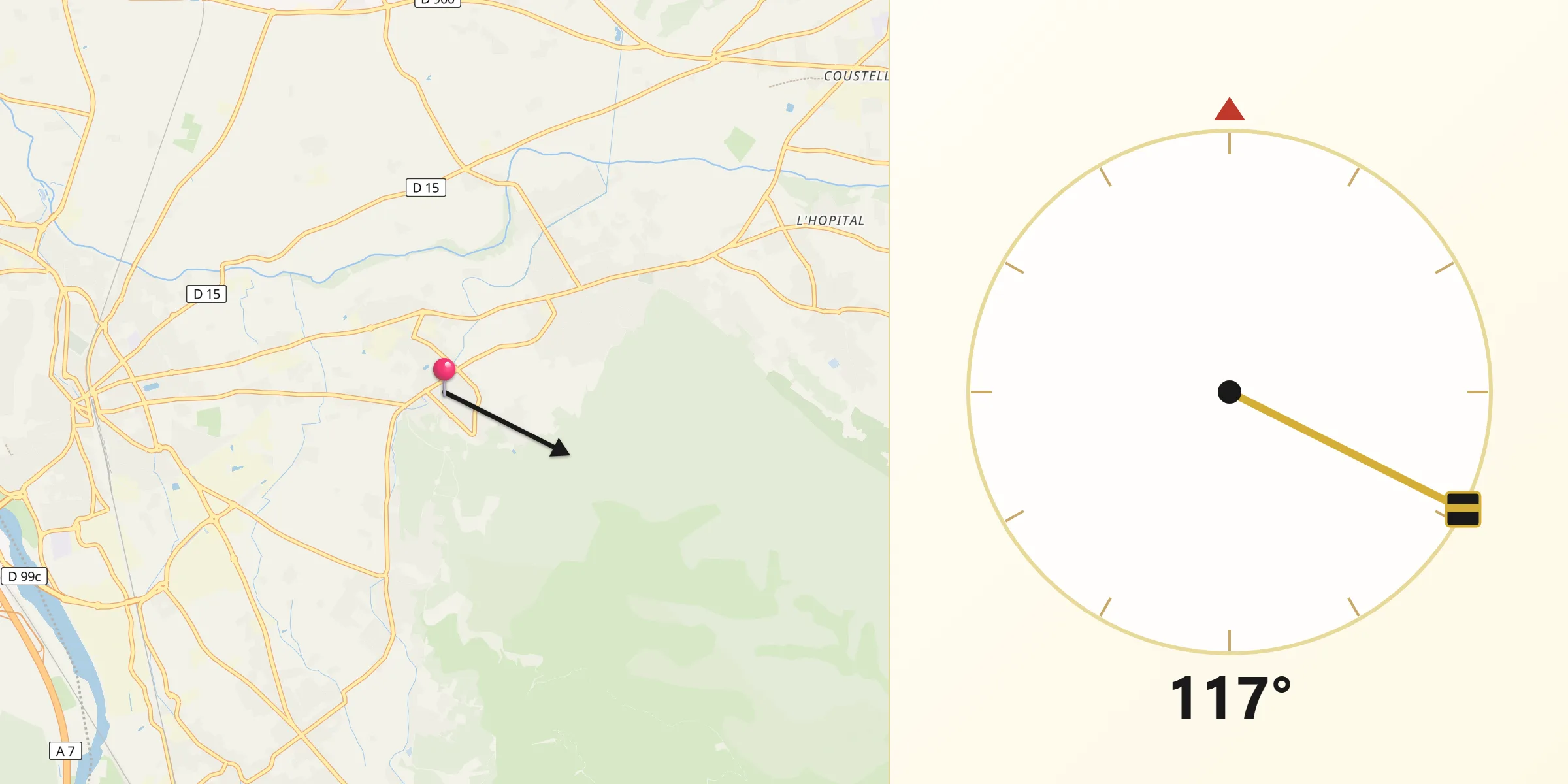 Direction vers la Qibla depuis Taillades