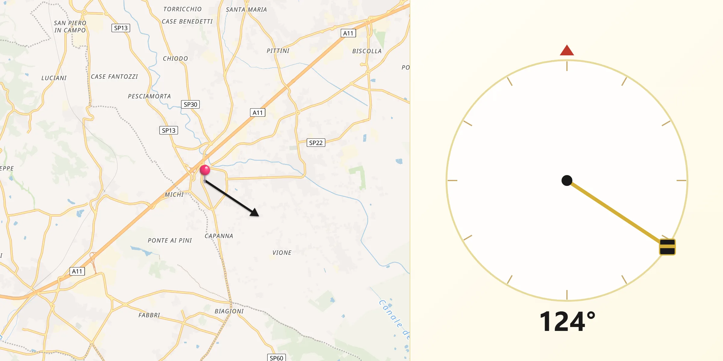 Direzione della Qibla da Chiesina Uzzanese