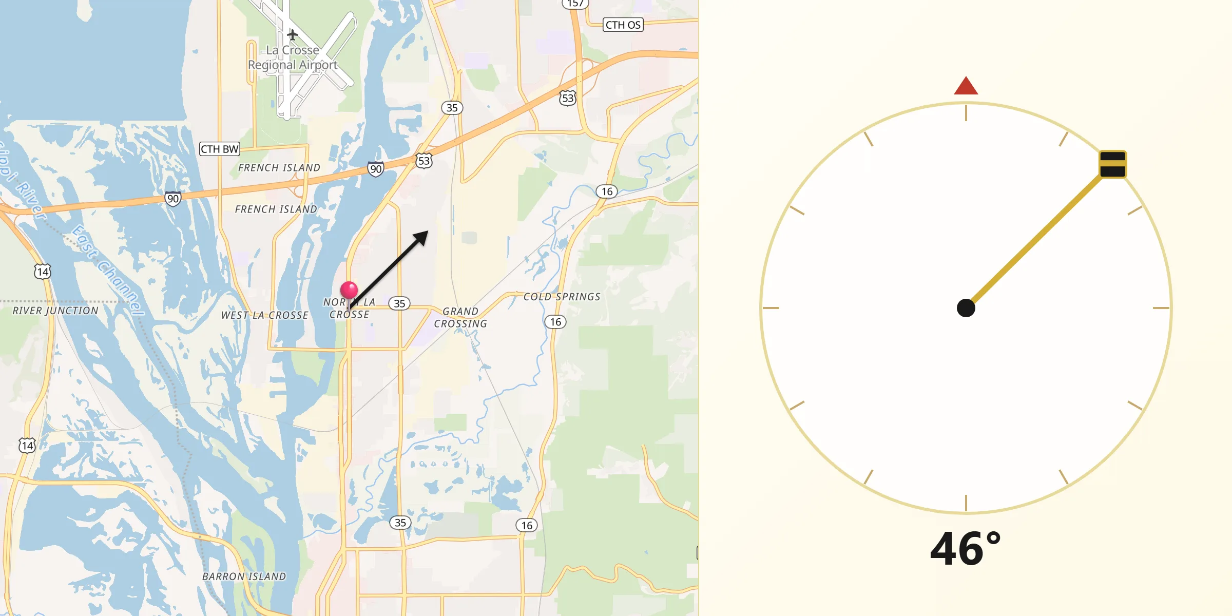 Qibla Direction from North La Crosse