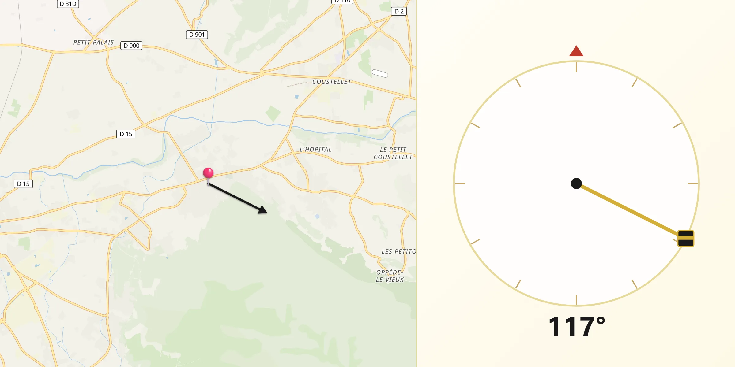 Direction vers la Qibla depuis Robion