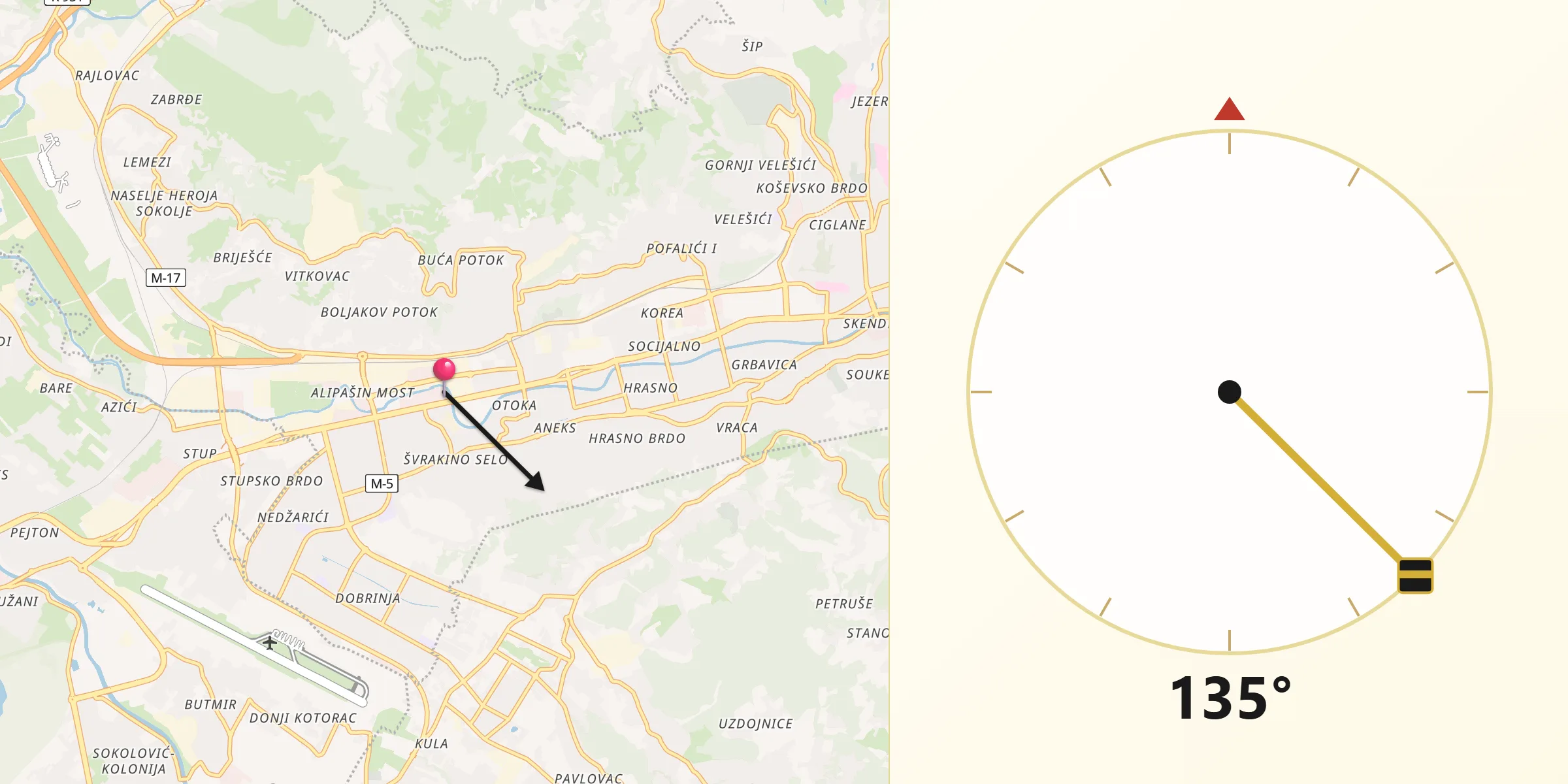 Direction vers la Qibla depuis Sarajevo