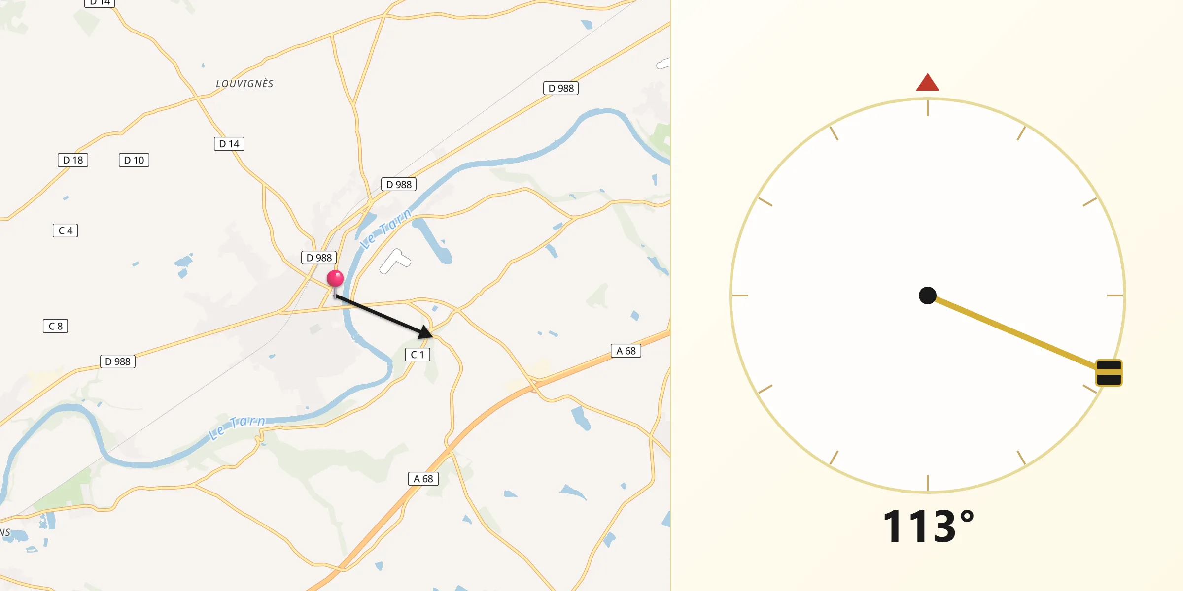 Direction vers la Qibla depuis Lisle-sur-Tarn