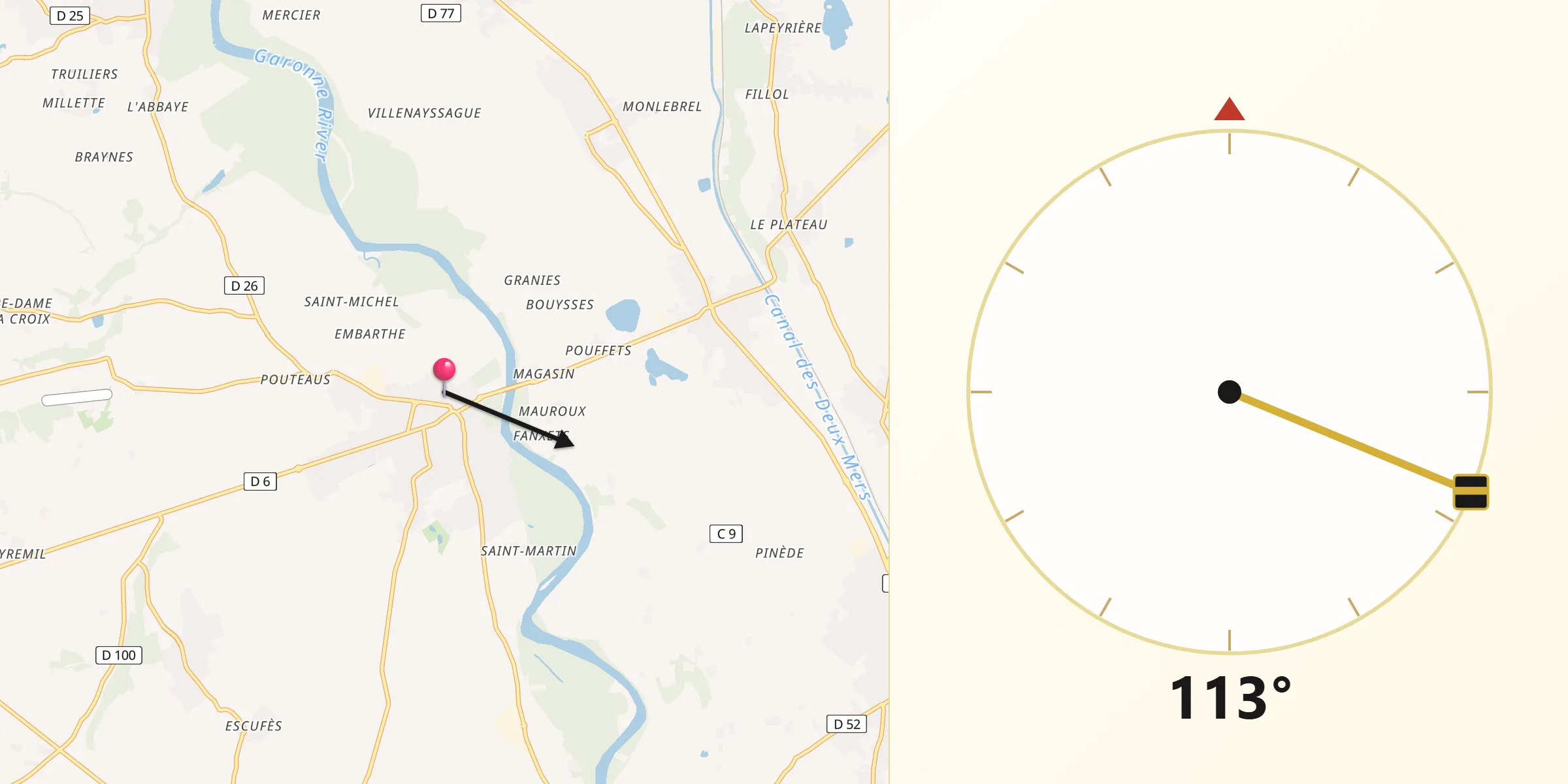 Direction vers la Qibla depuis Verdun-sur-Garonne