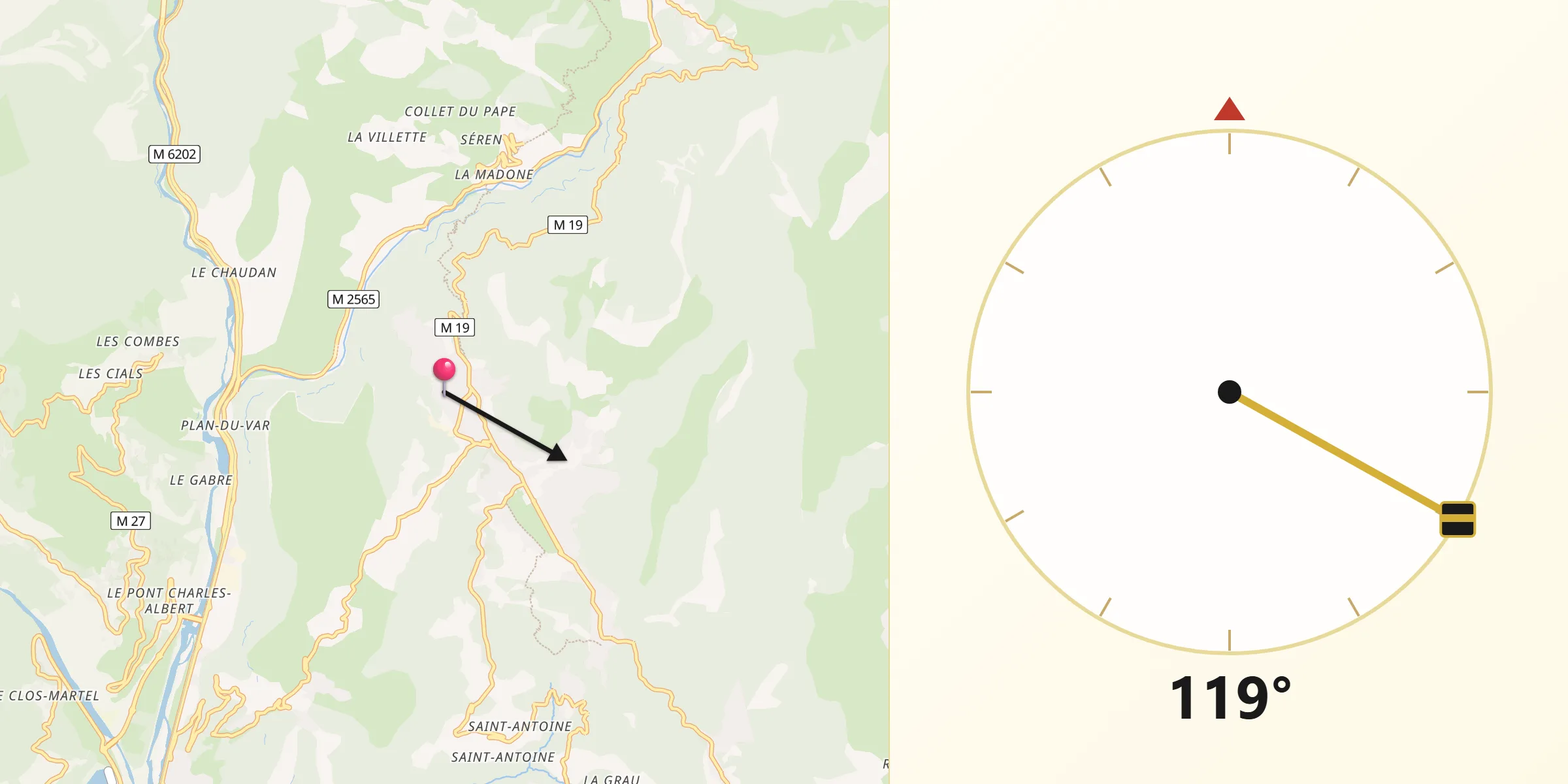 Direction vers la Qibla depuis Levens