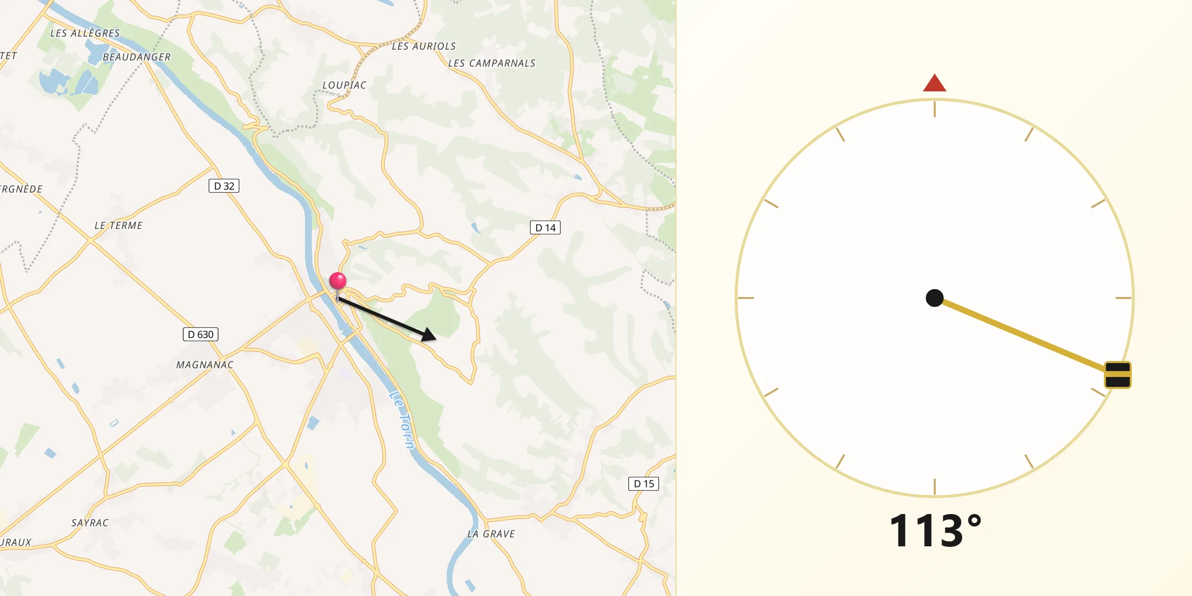 Direction vers la Qibla depuis Villemur-sur-Tarn