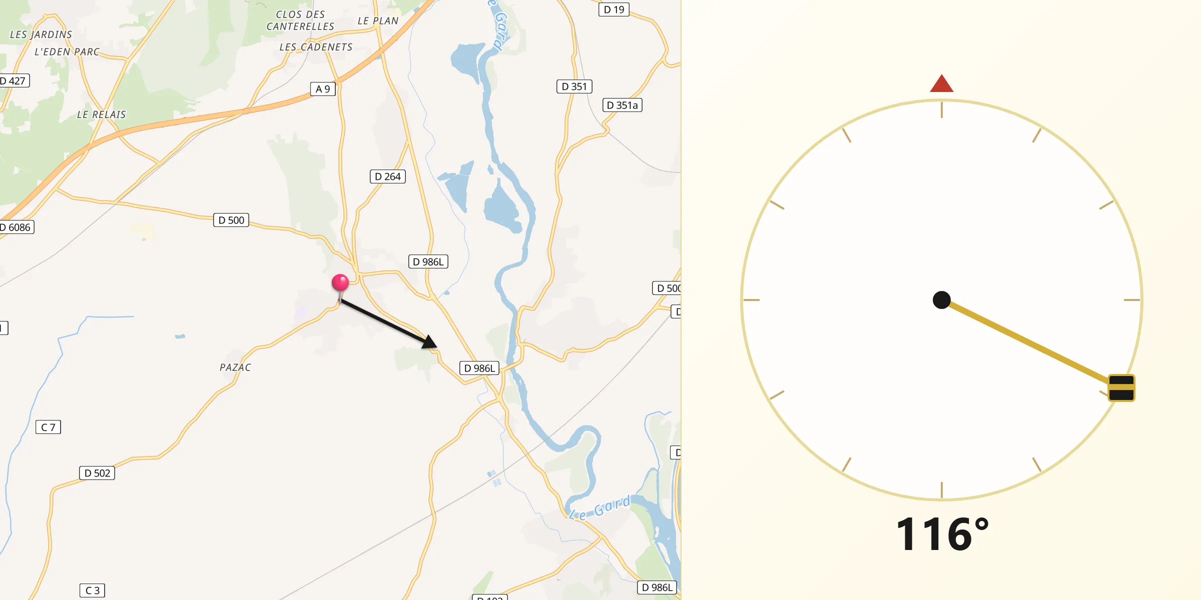 Direction vers la Qibla depuis Meynes