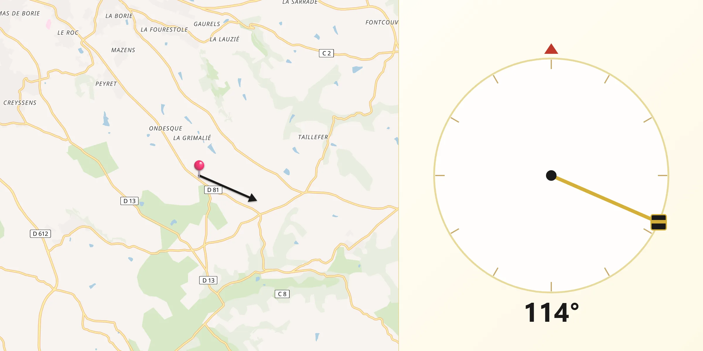 Direction vers la Qibla depuis Fréjairolles