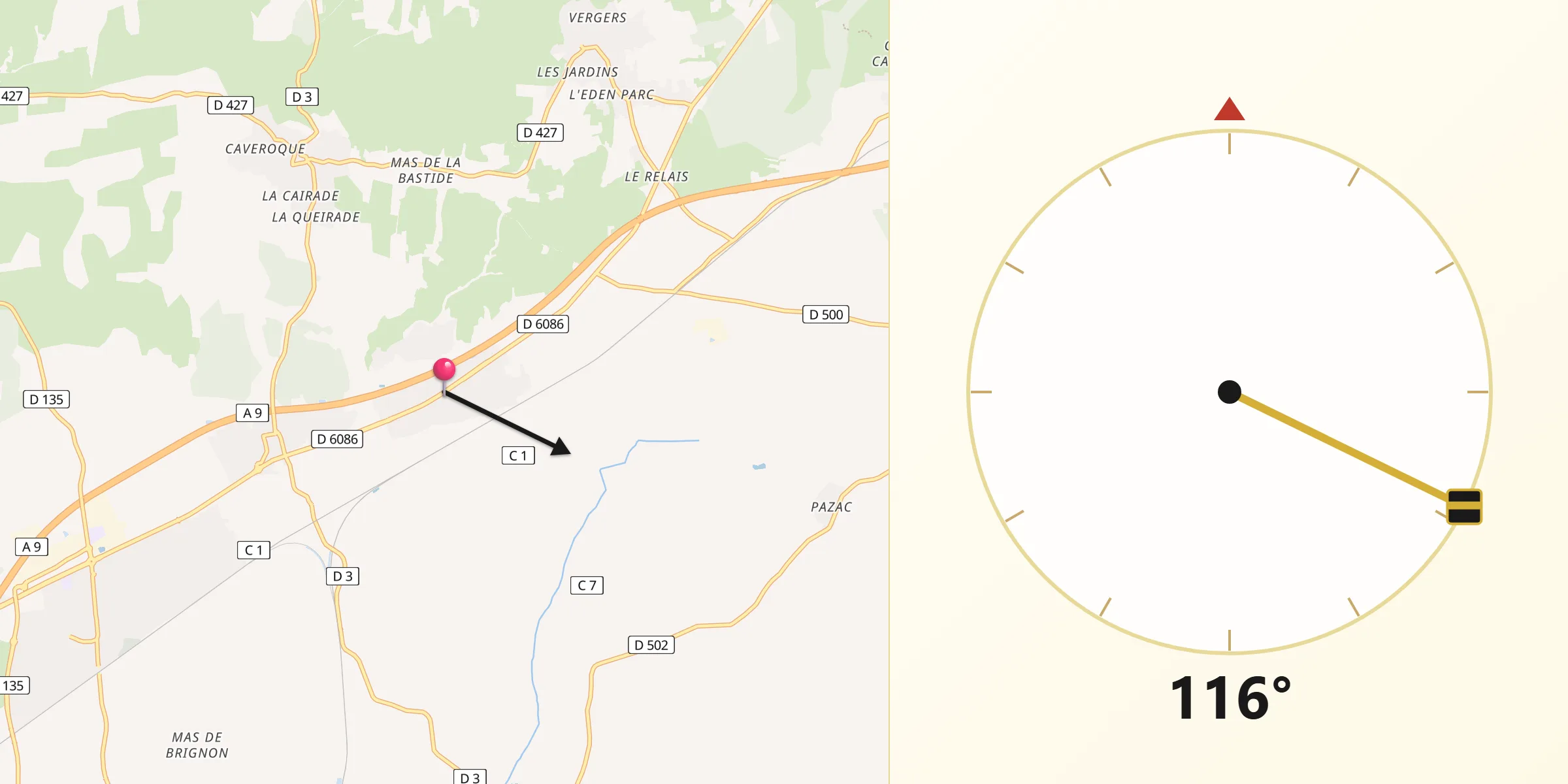 Direction vers la Qibla depuis Bezouce