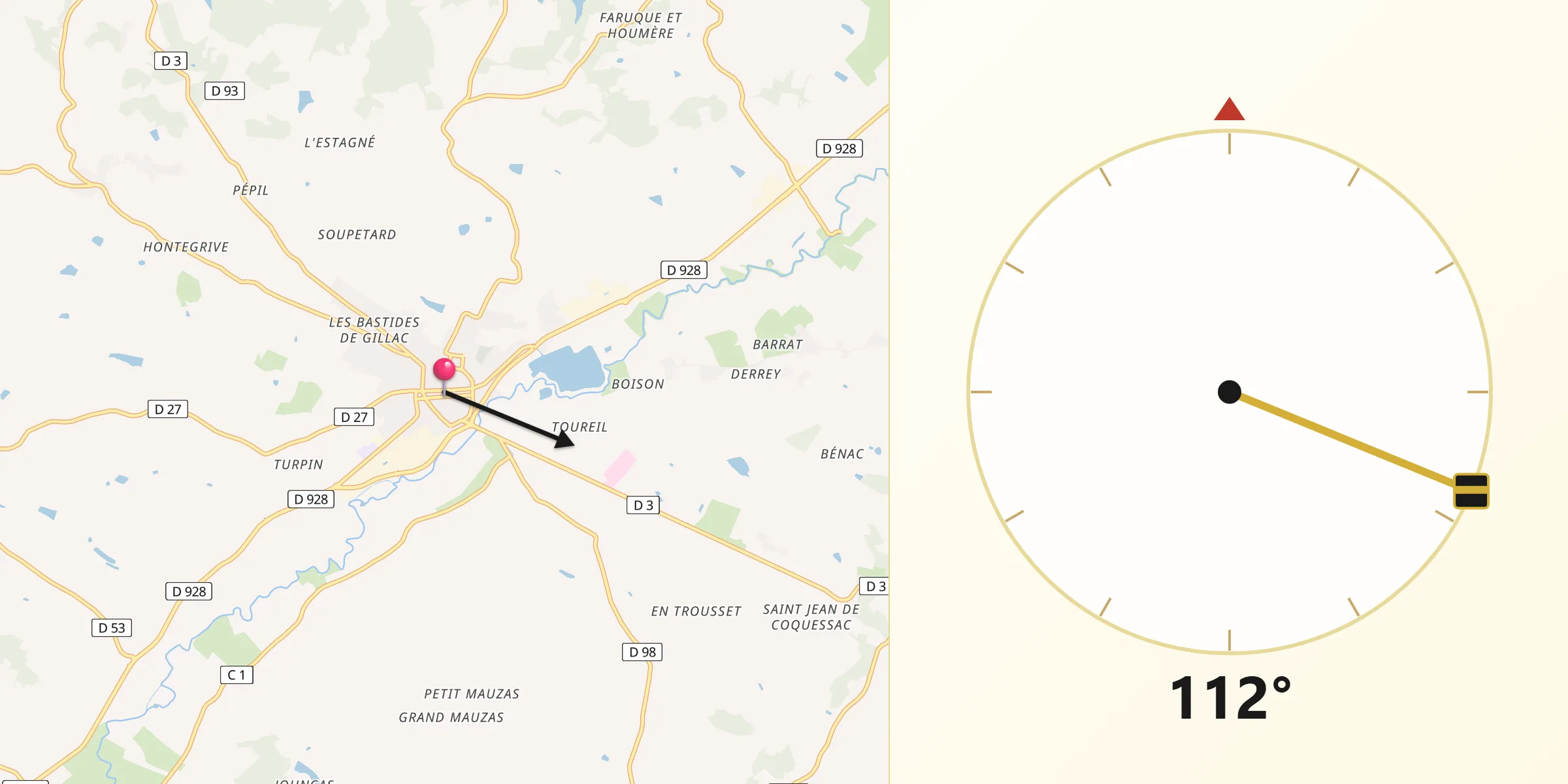 Direction vers la Qibla depuis Beaumont-de-Lomagne