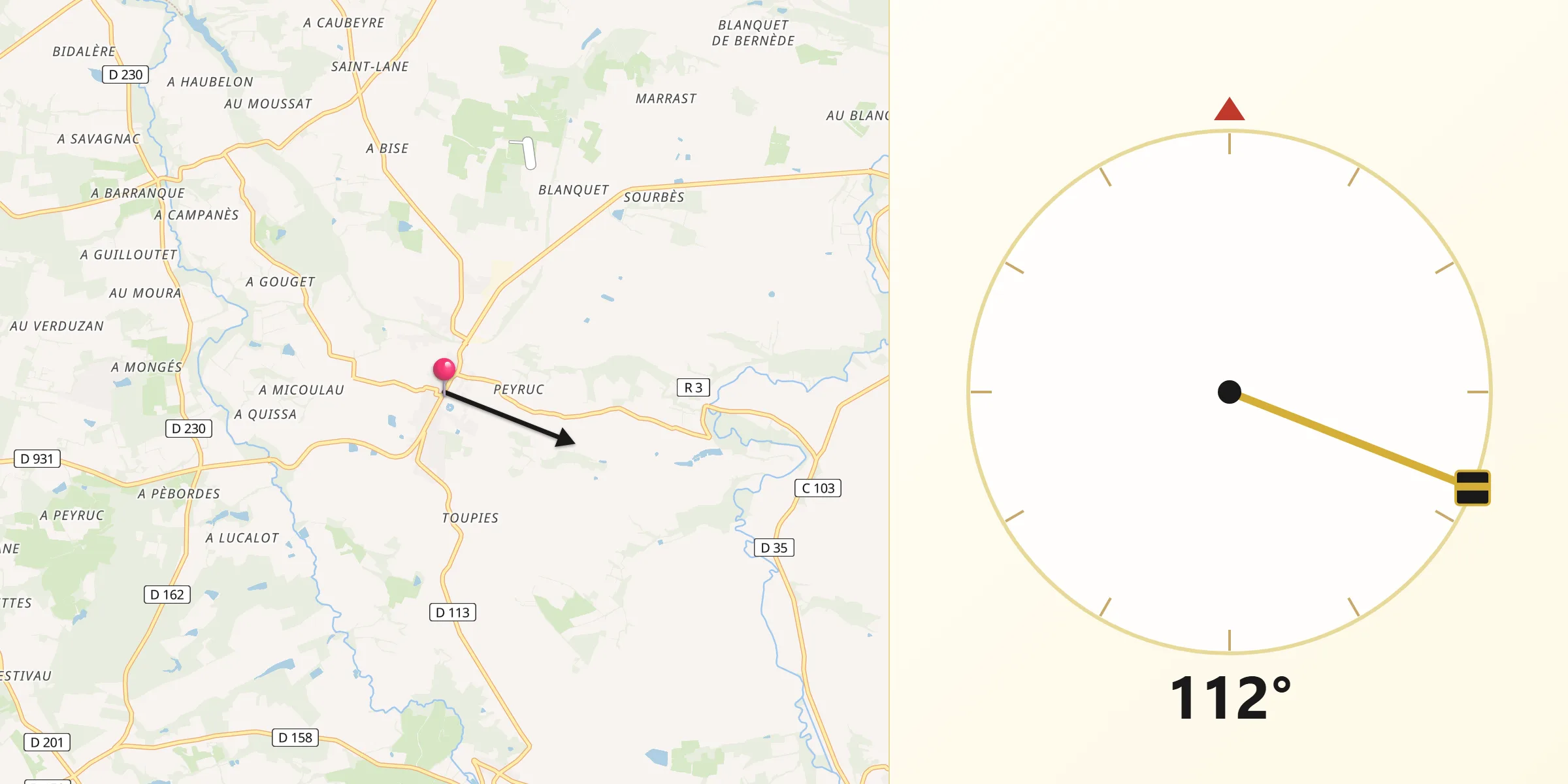 Direction vers la Qibla depuis Gondrin
