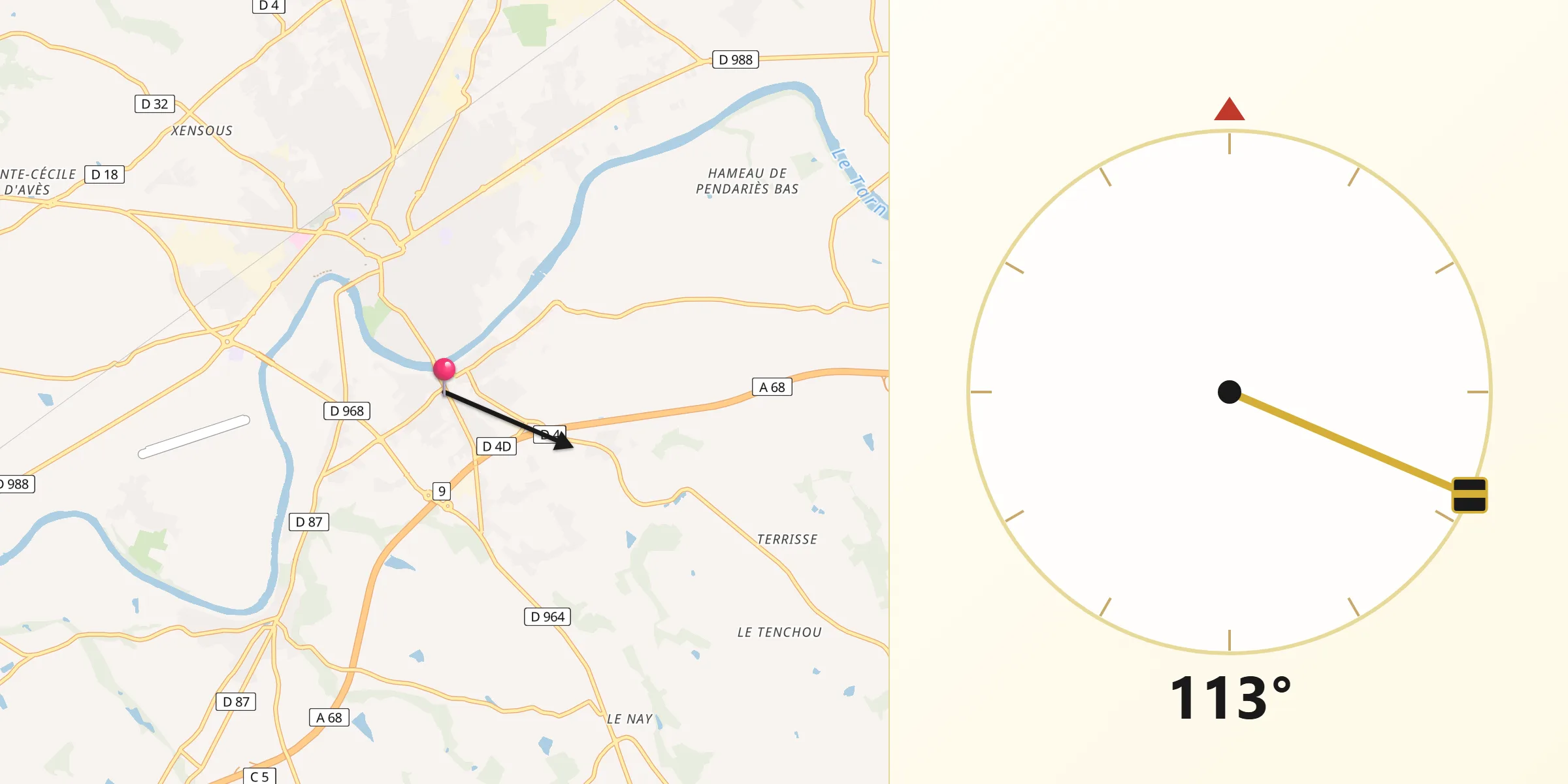 Direction vers la Qibla depuis Brens