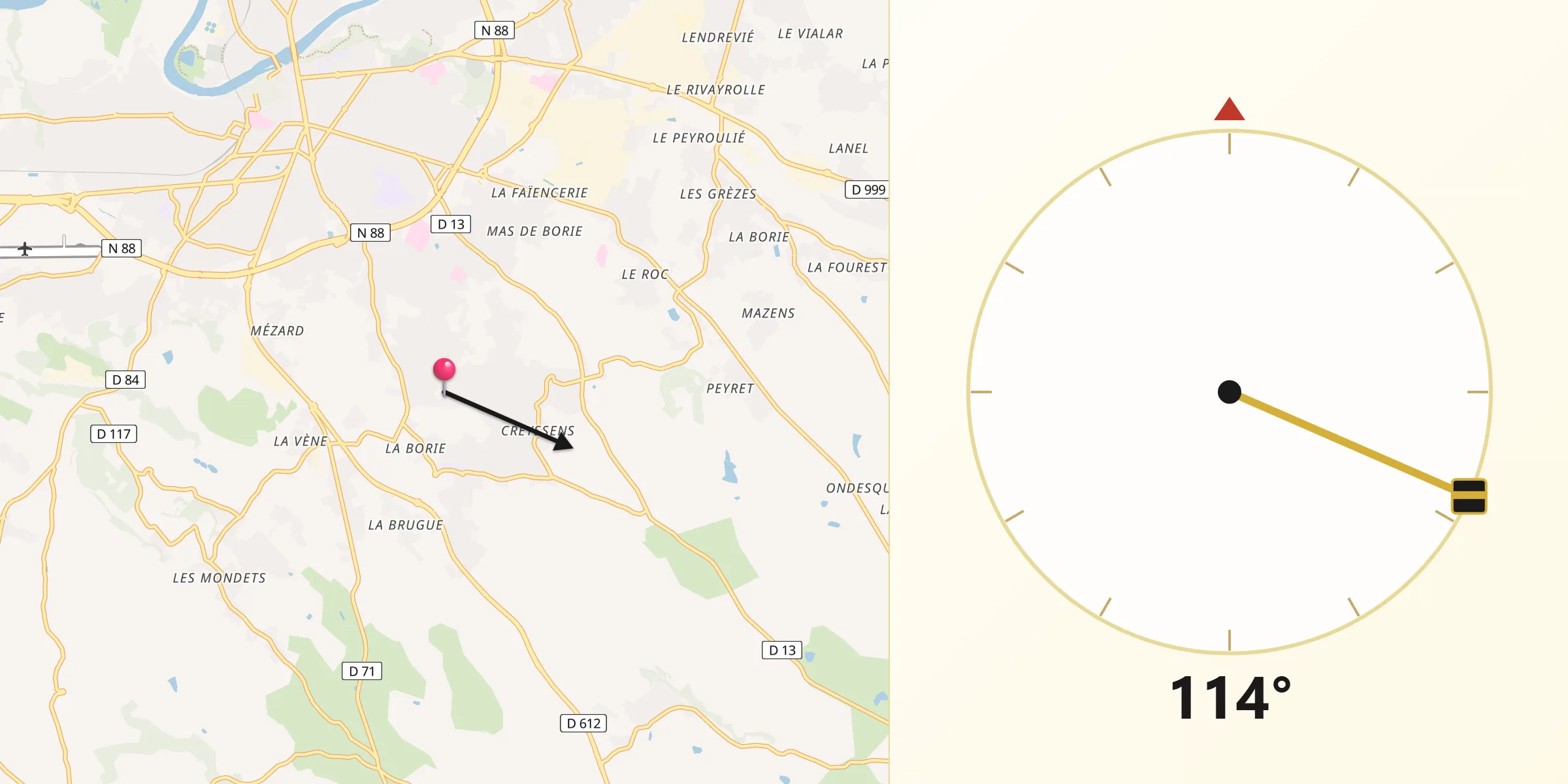 Direction vers la Qibla depuis Puygouzon