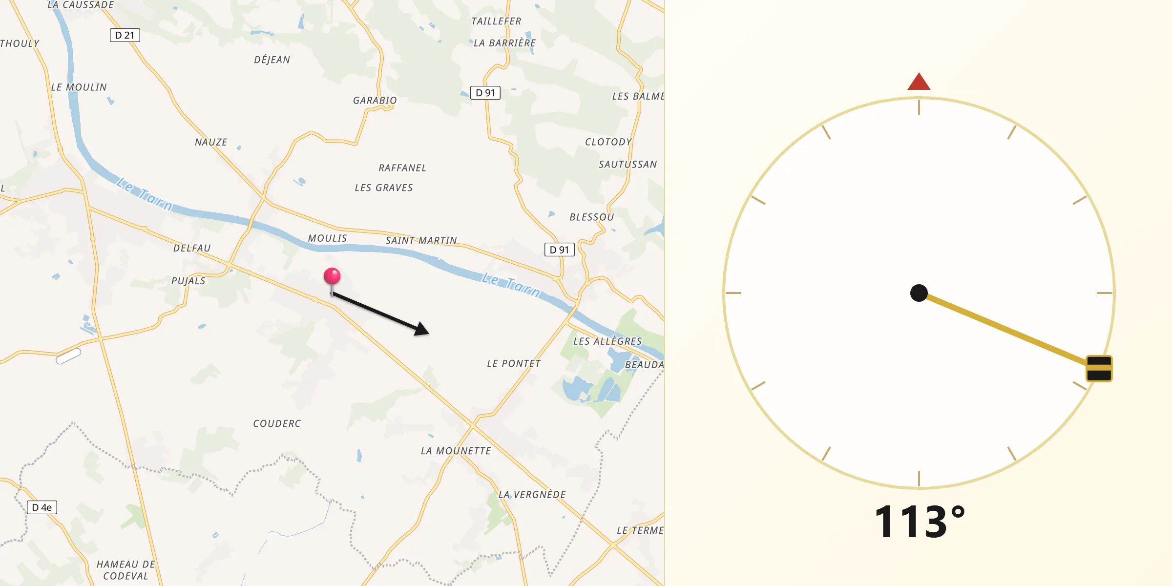 Direction vers la Qibla depuis Orgueil