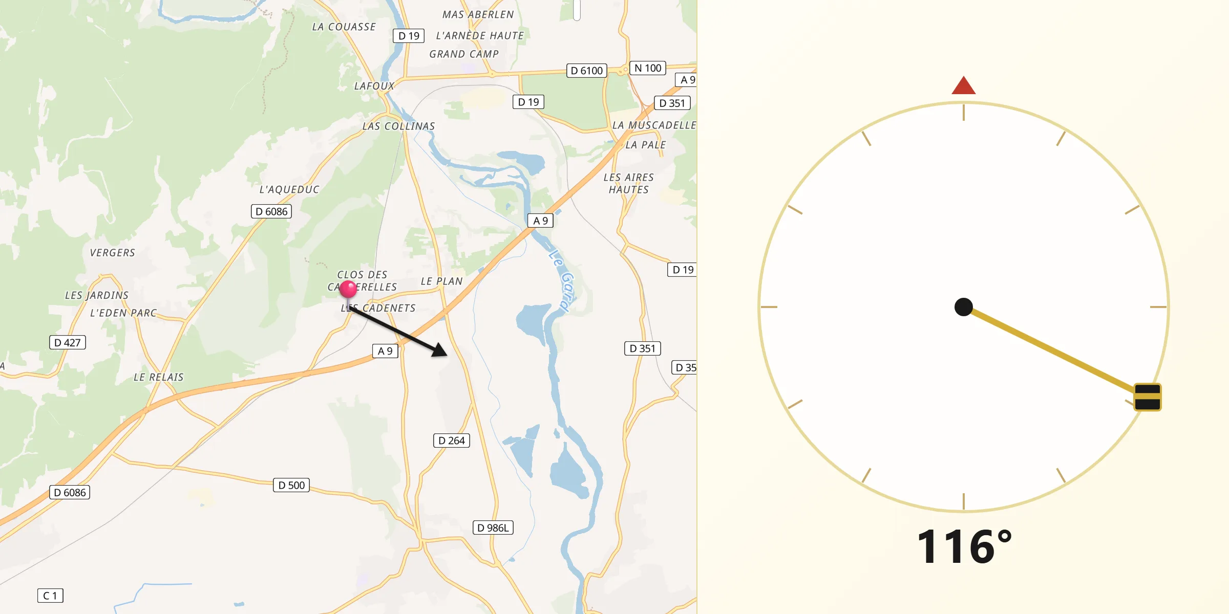 Direction vers la Qibla depuis Sernhac
