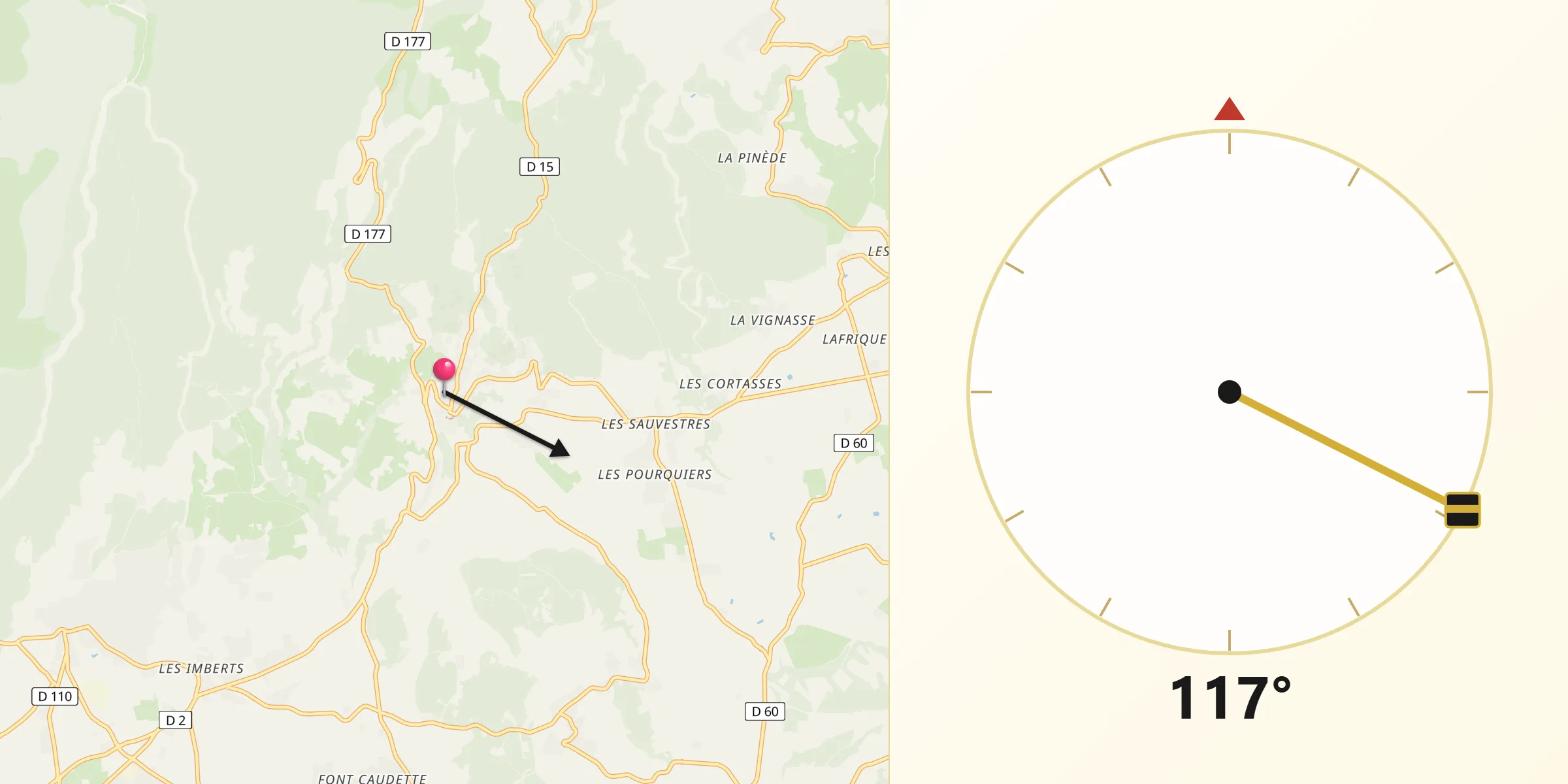 Direction vers la Qibla depuis Gordes