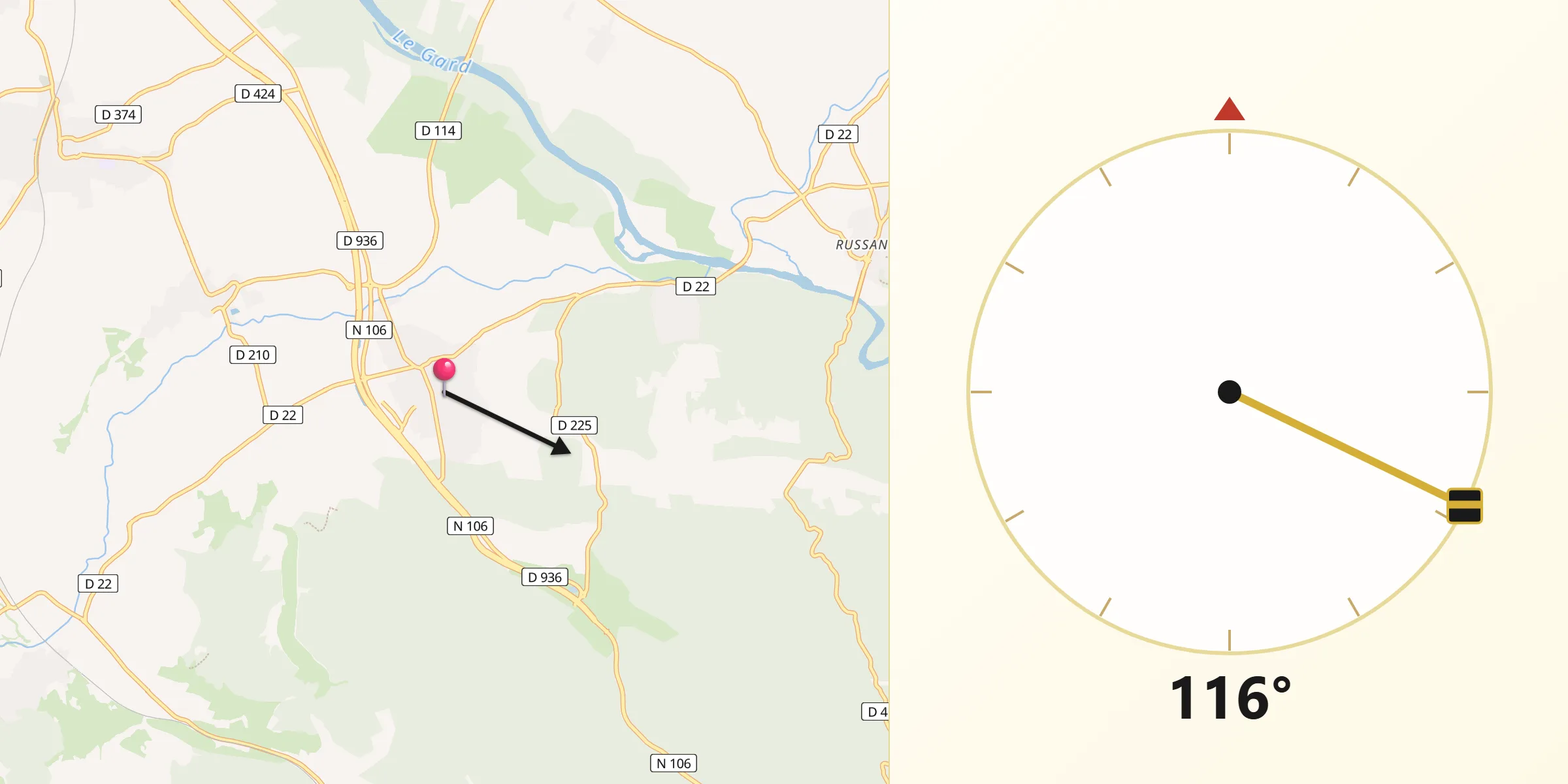 Direction vers la Qibla depuis La Calmette