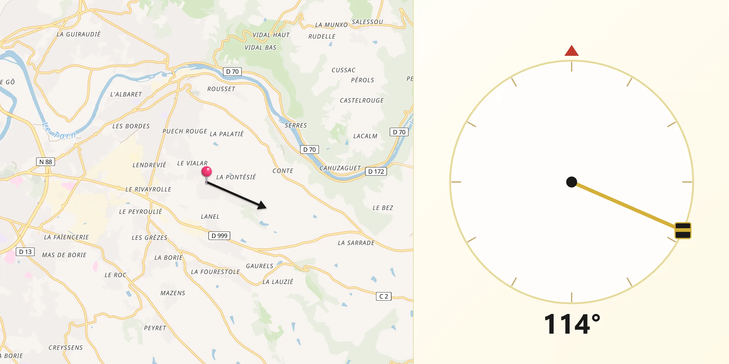 Direction vers la Qibla depuis Cunac