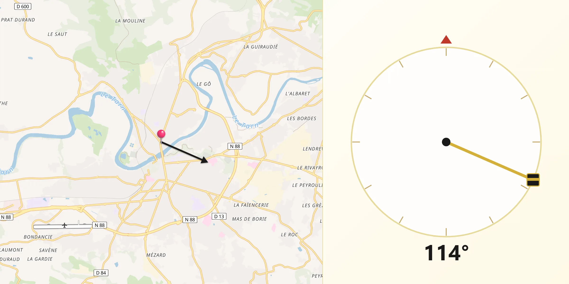 Direction vers la Qibla depuis Saint-Juéry