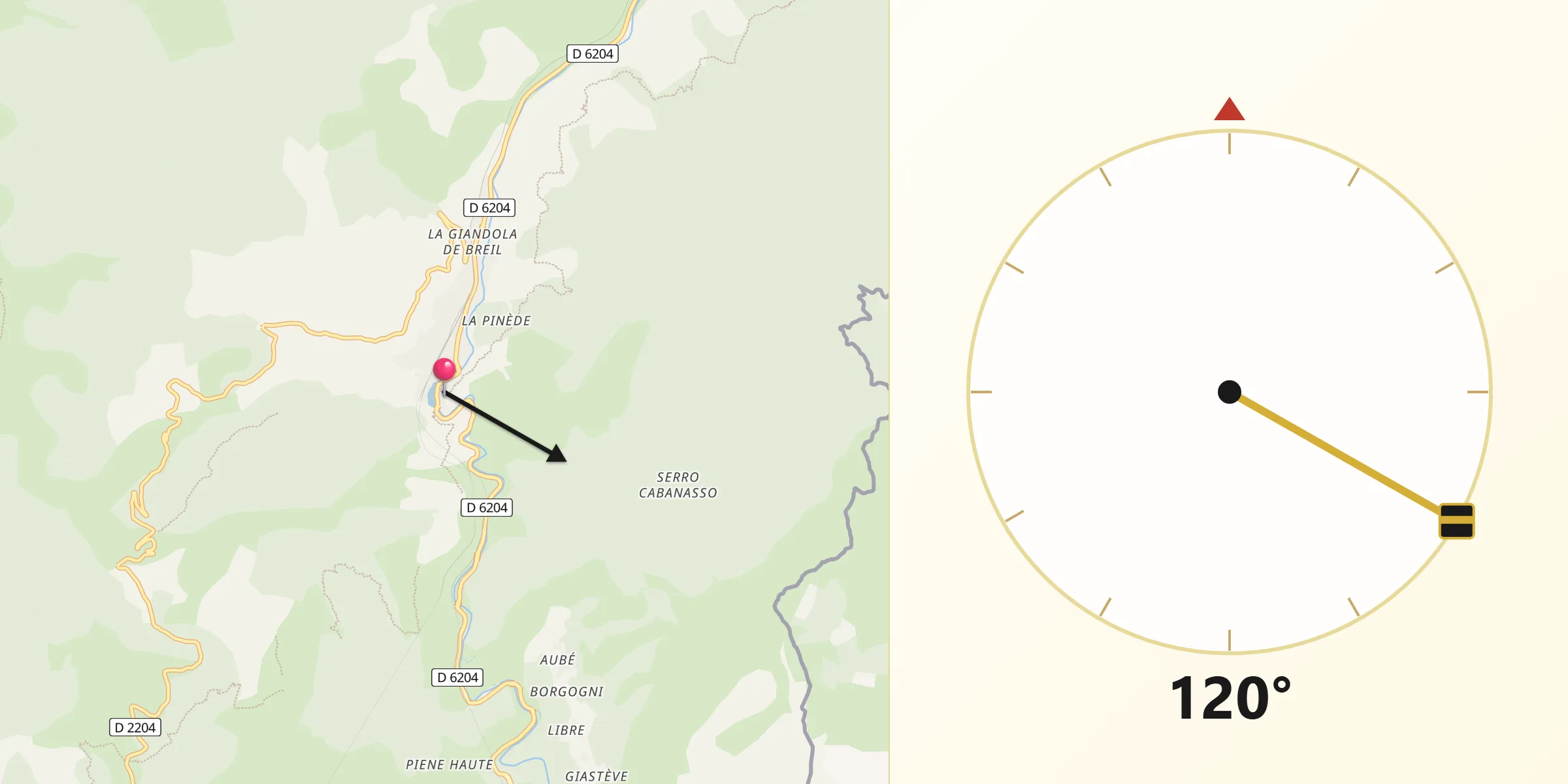 Direction vers la Qibla depuis Breil-sur-Roya