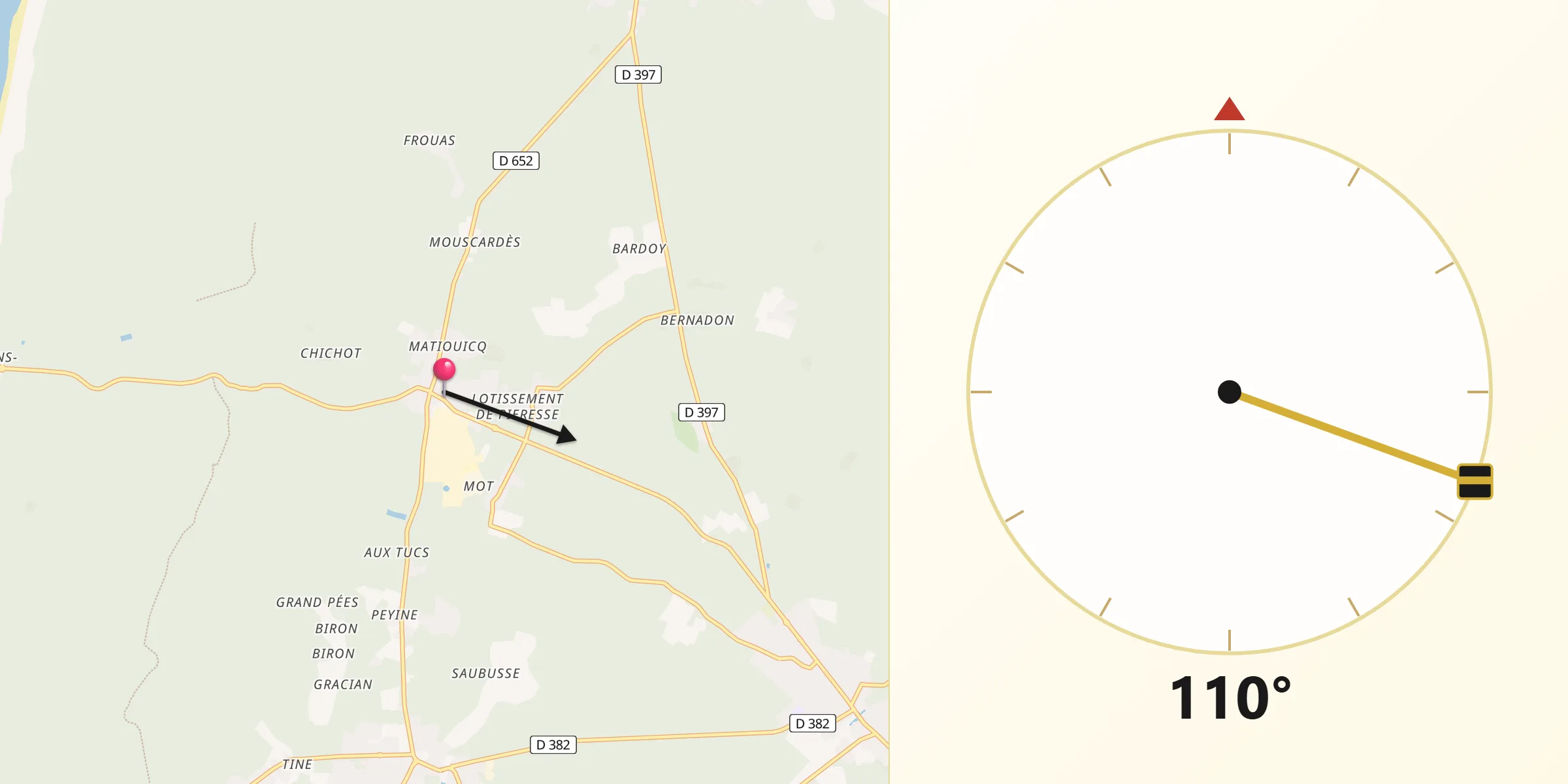 Direction vers la Qibla depuis Vielle-Saint-Girons