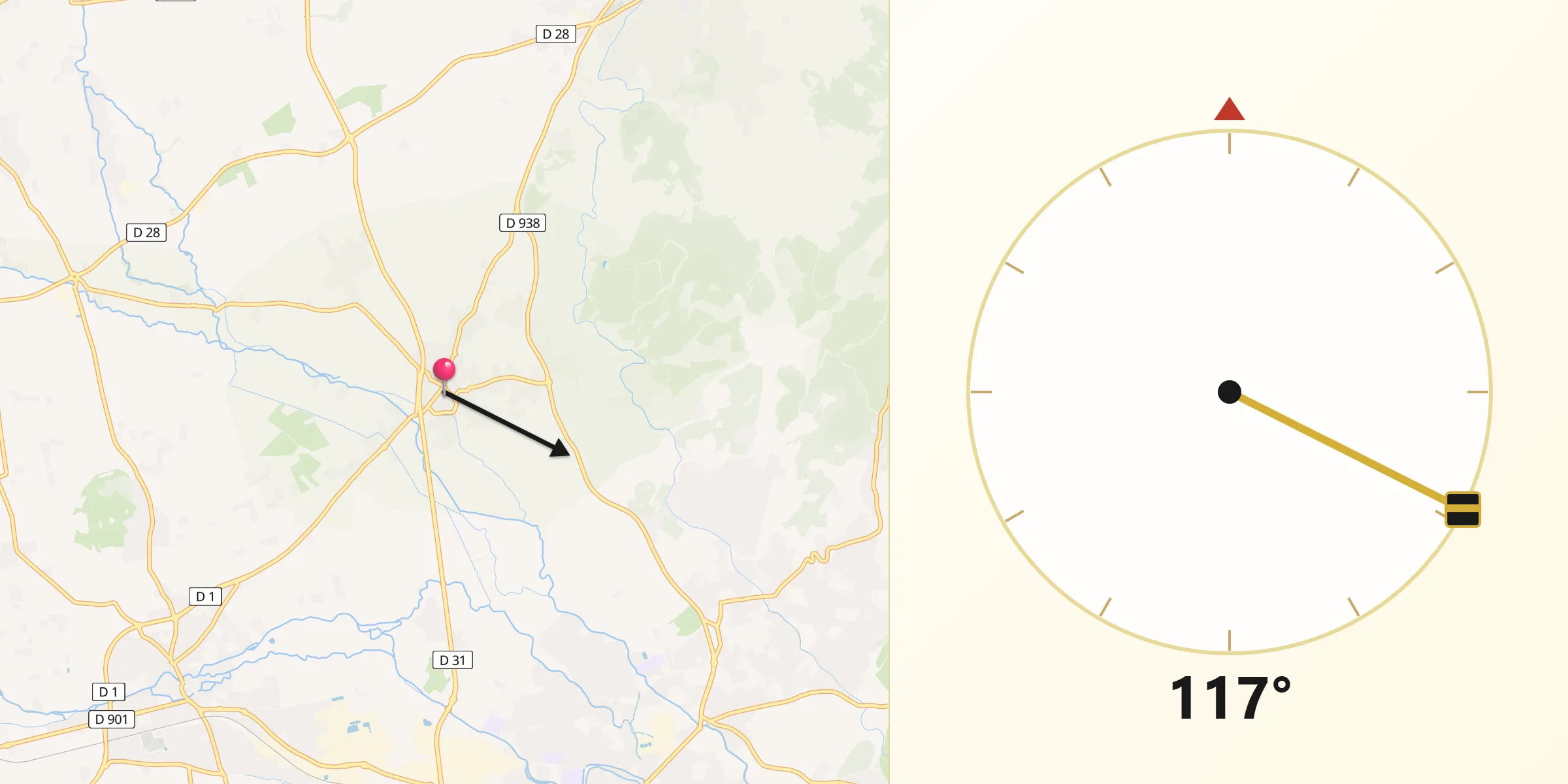 Direction vers la Qibla depuis Velleron