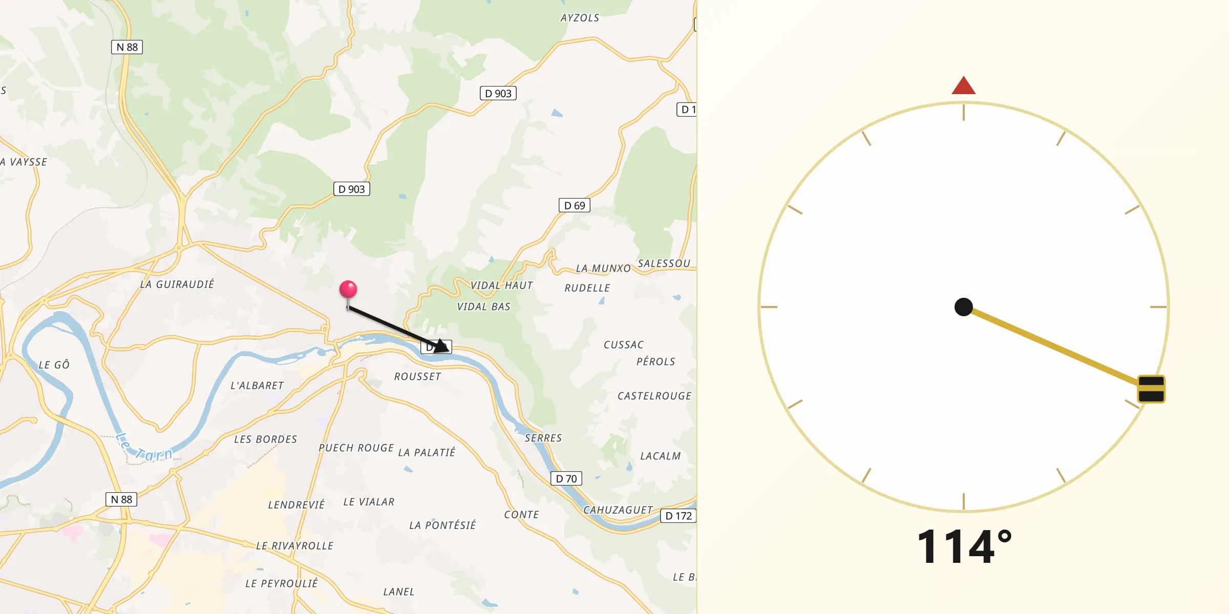 Direction vers la Qibla depuis Arthès