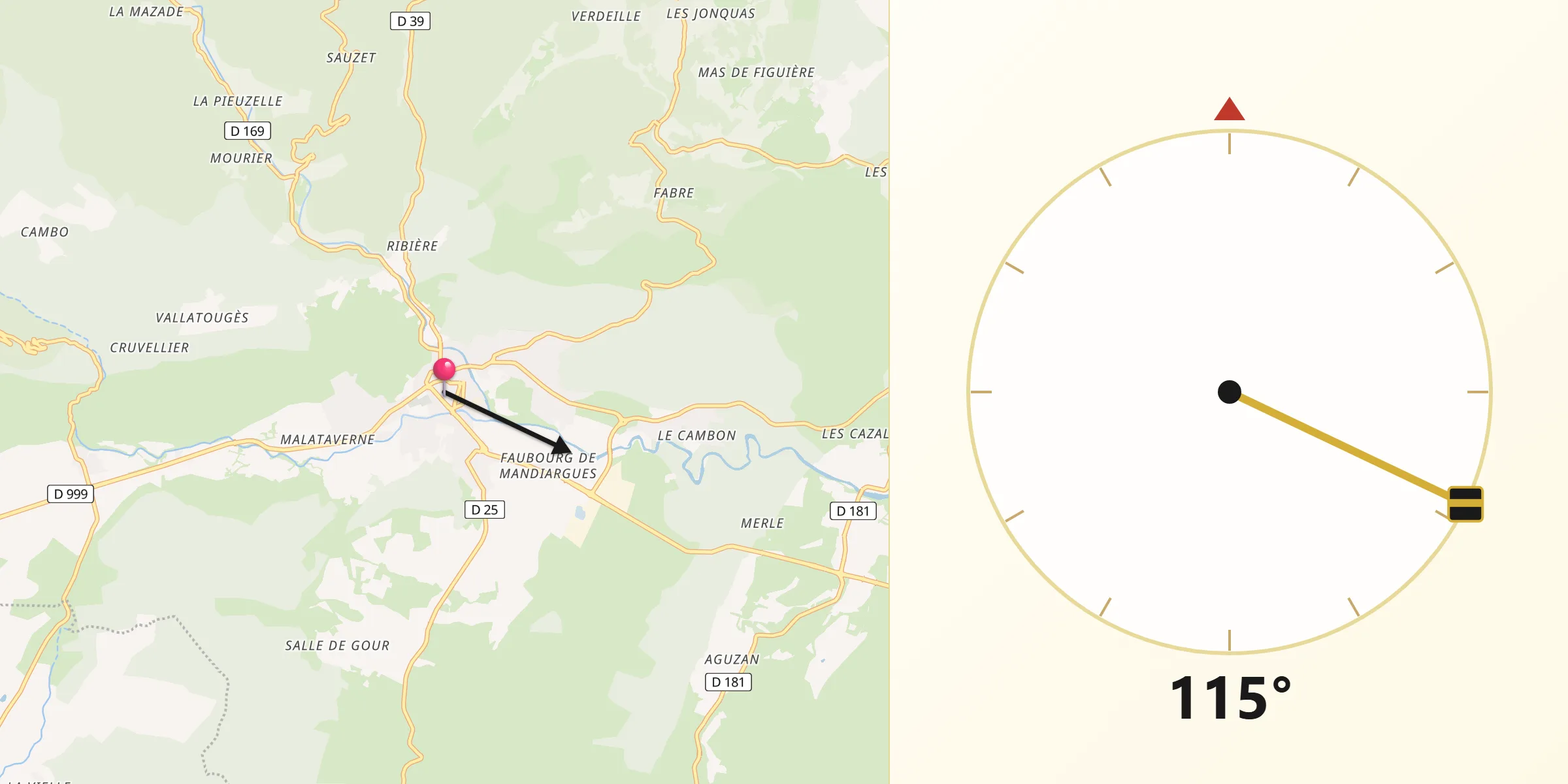 Direction vers la Qibla depuis Saint-Hippolyte-du-Fort