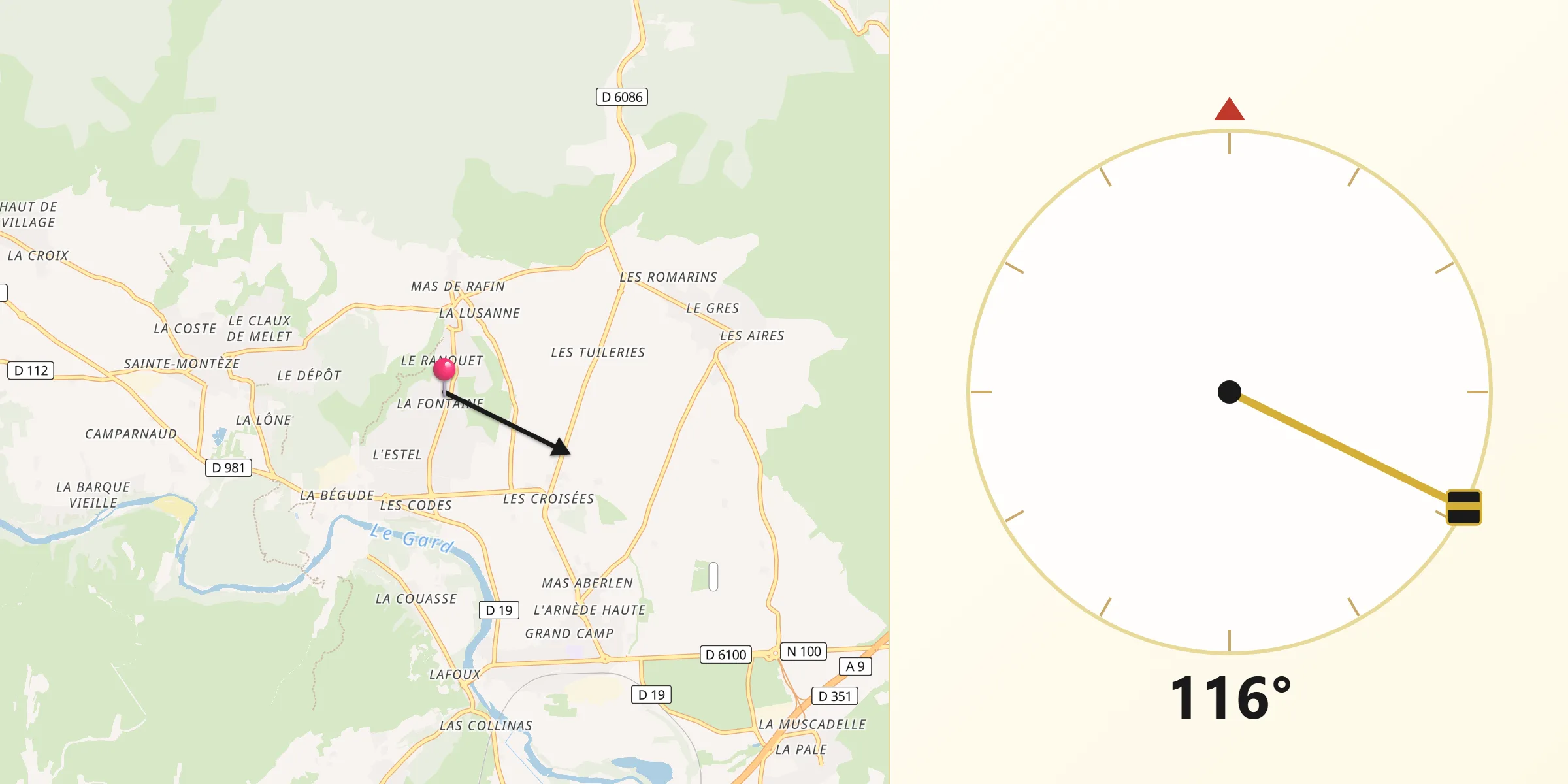 Direction vers la Qibla depuis Castillon-du-Gard
