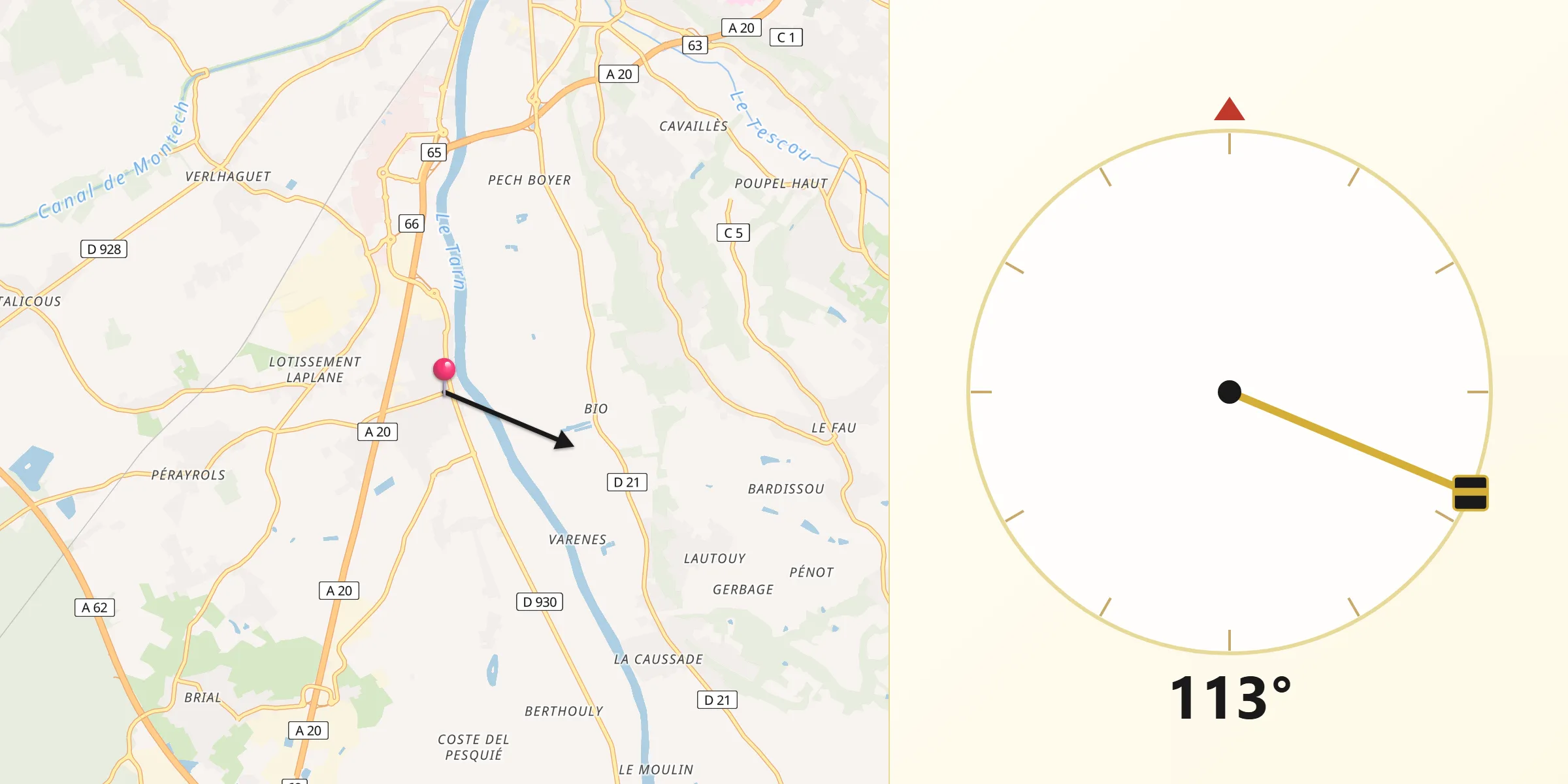 Direction vers la Qibla depuis Bressols