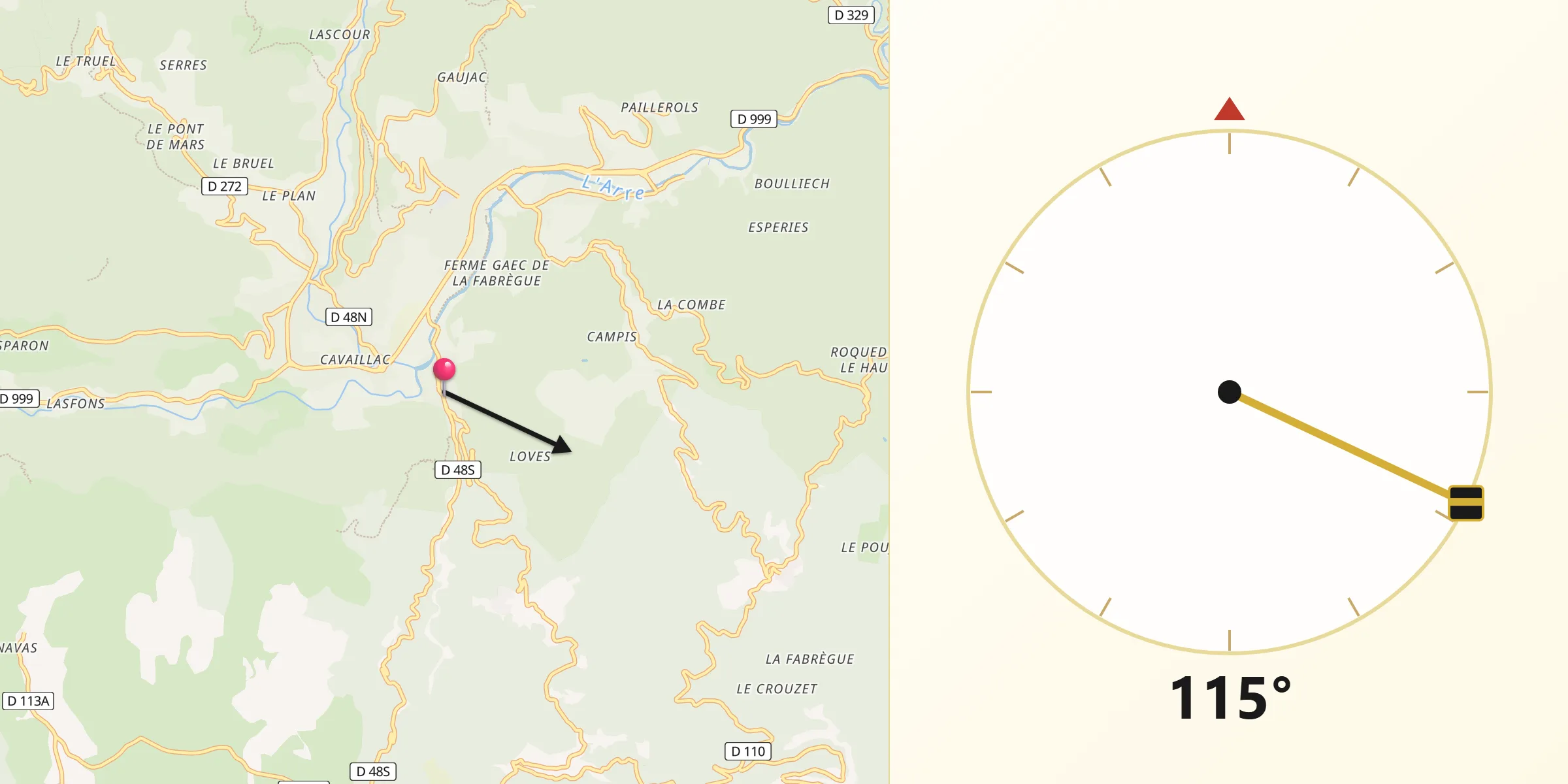 Direction vers la Qibla depuis Avèze