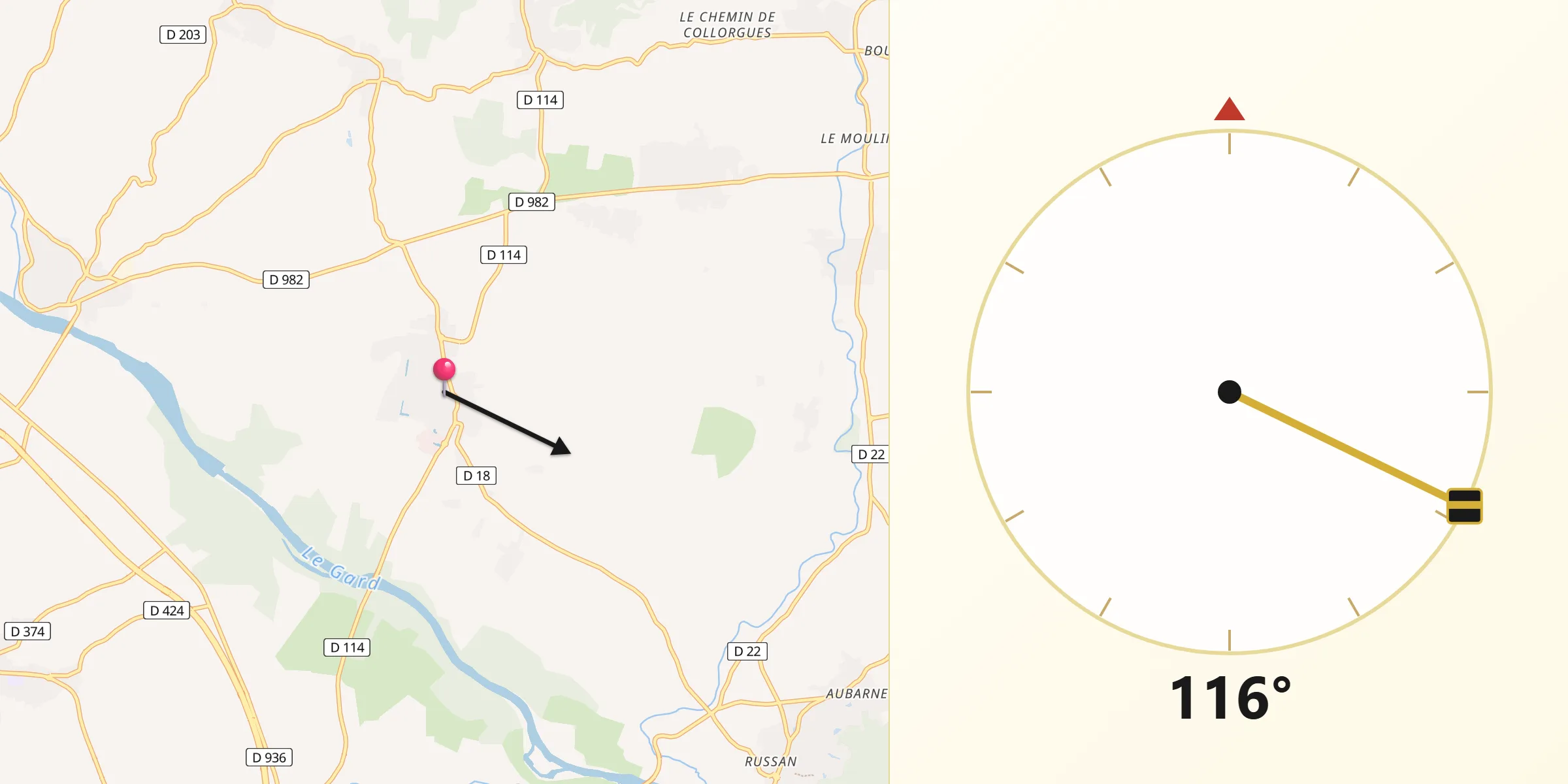 Direction vers la Qibla depuis Saint-Chaptes