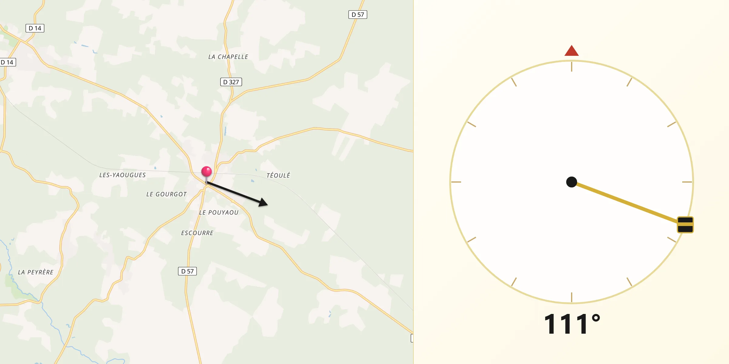 Direction vers la Qibla depuis Ygos-Saint-Saturnin