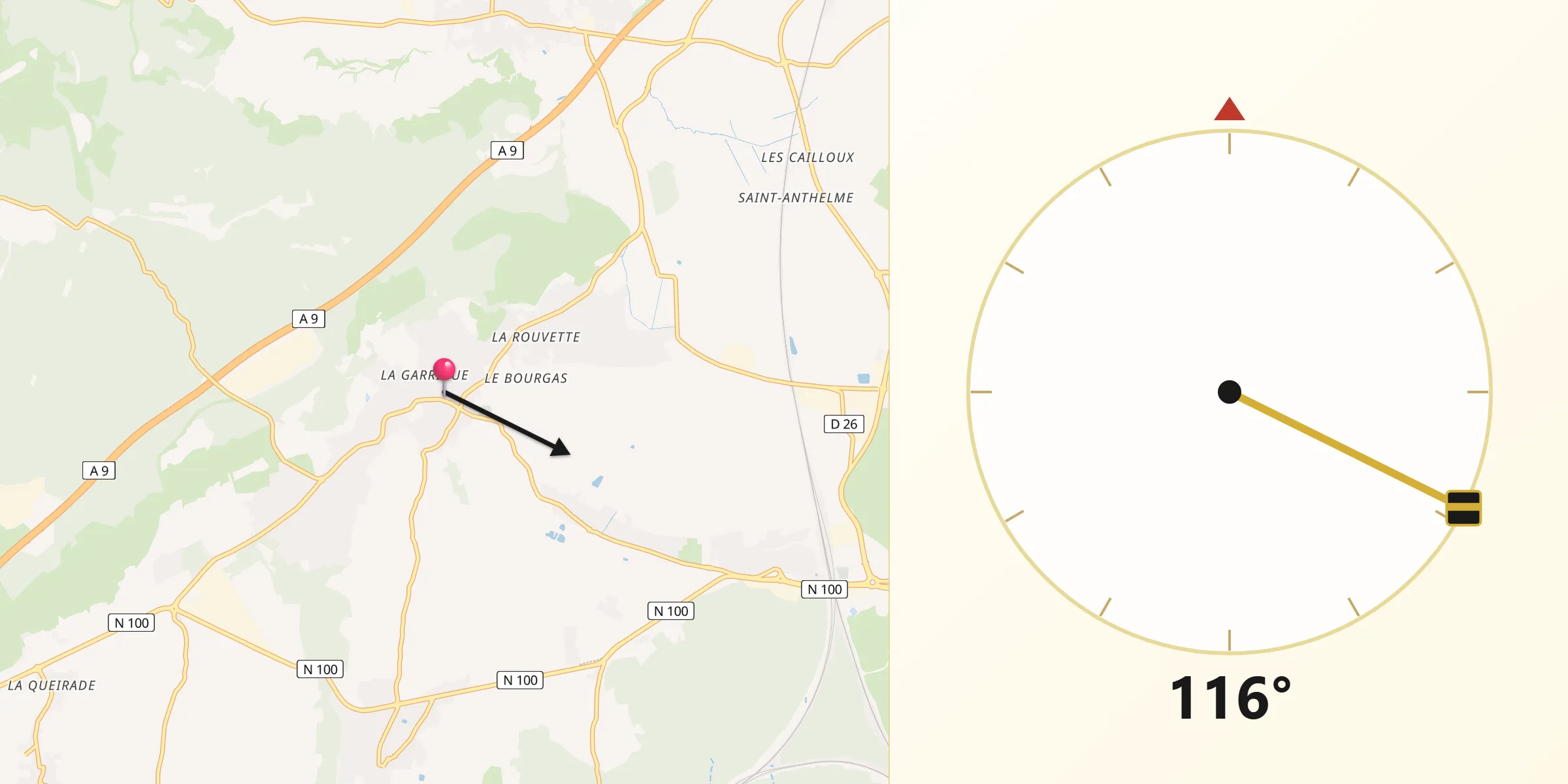 Direction vers la Qibla depuis Rochefort-du-Gard