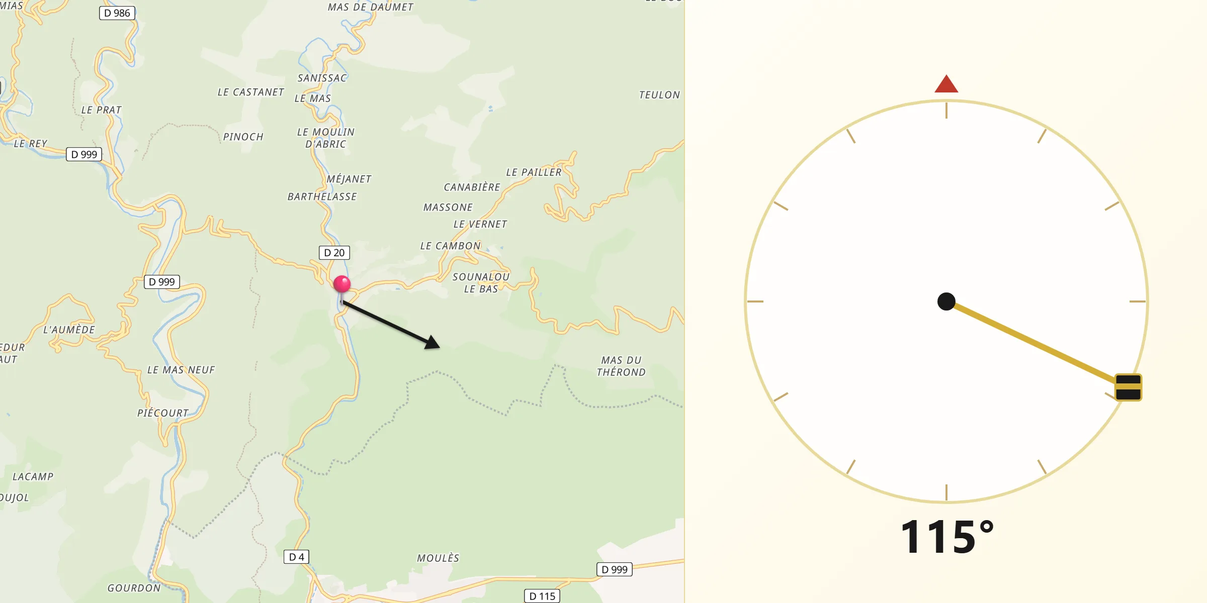 Direction vers la Qibla depuis Sumène