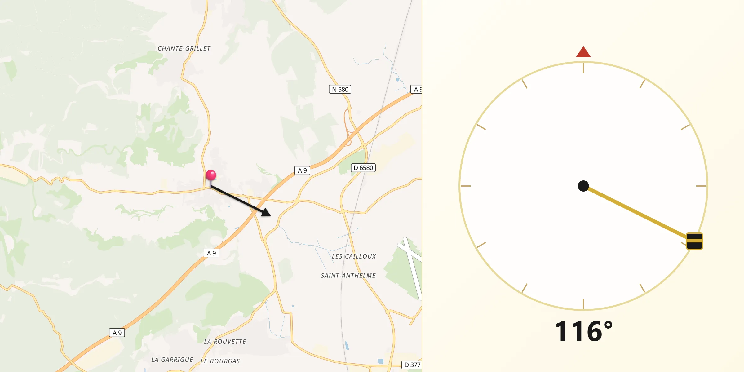 Direction vers la Qibla depuis Tavel