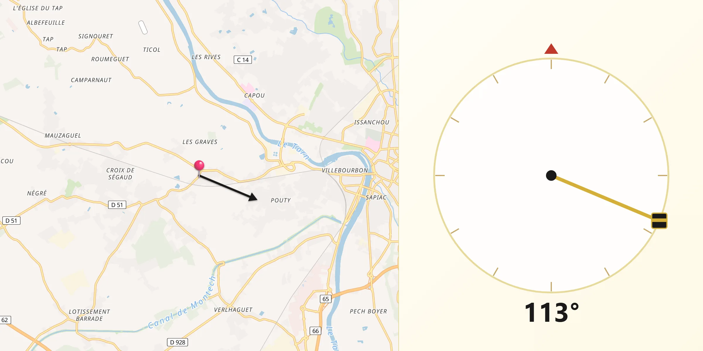 Direction vers la Qibla depuis Montbeton