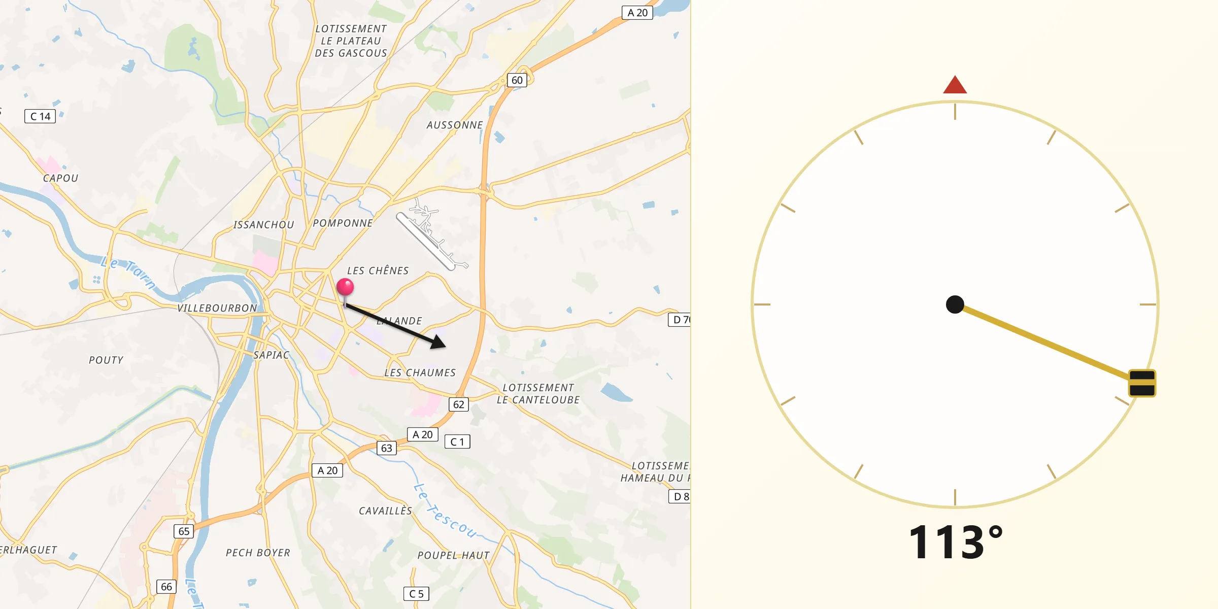 Direction vers la Qibla depuis Montauban