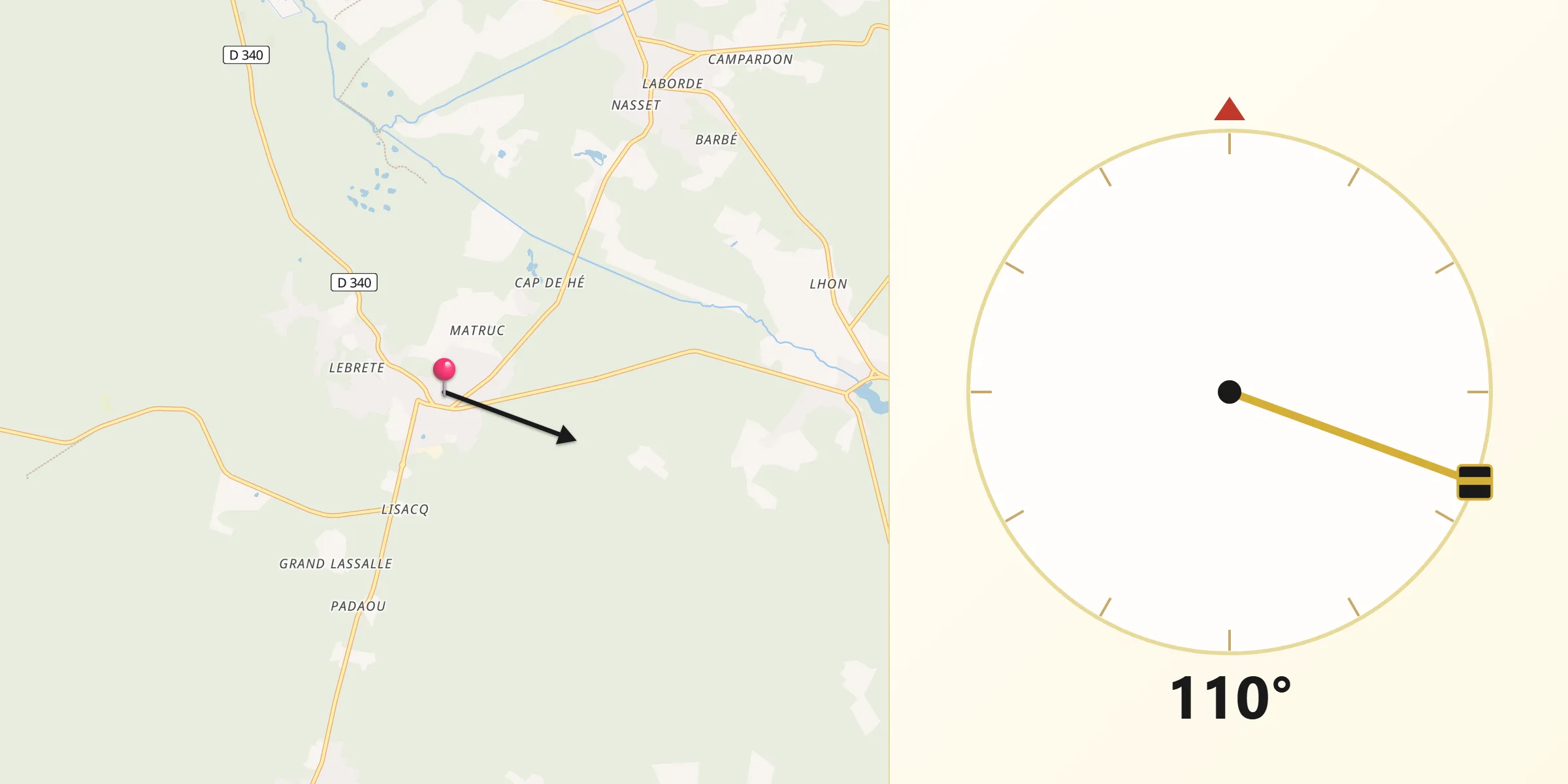Direction vers la Qibla depuis Lit-et-Mixe