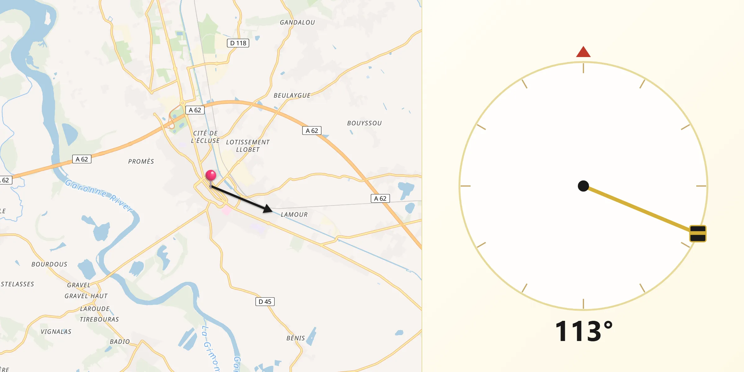 Direction vers la Qibla depuis Castelsarrasin