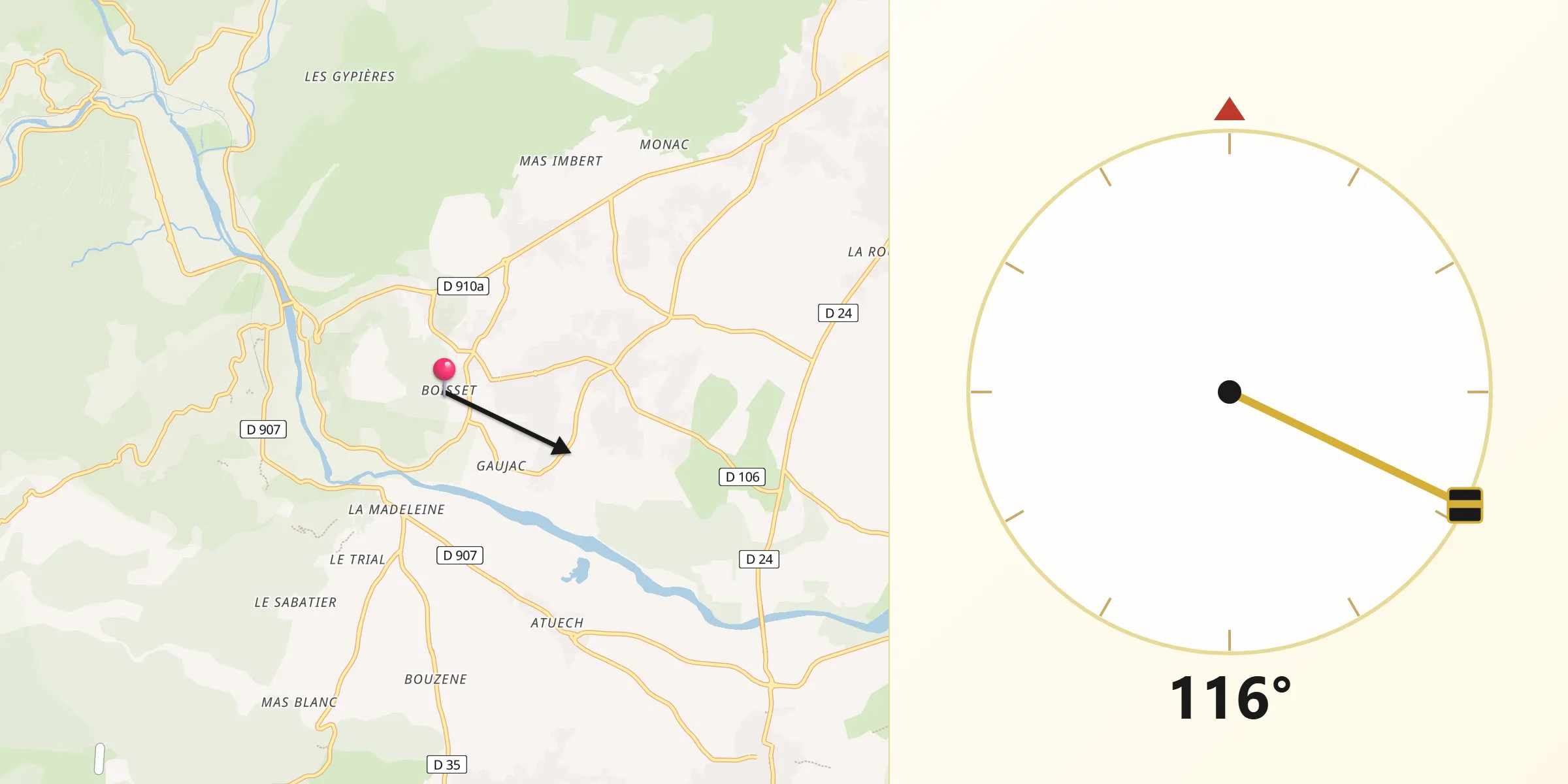 Direction vers la Qibla depuis Boisset-et-Gaujac