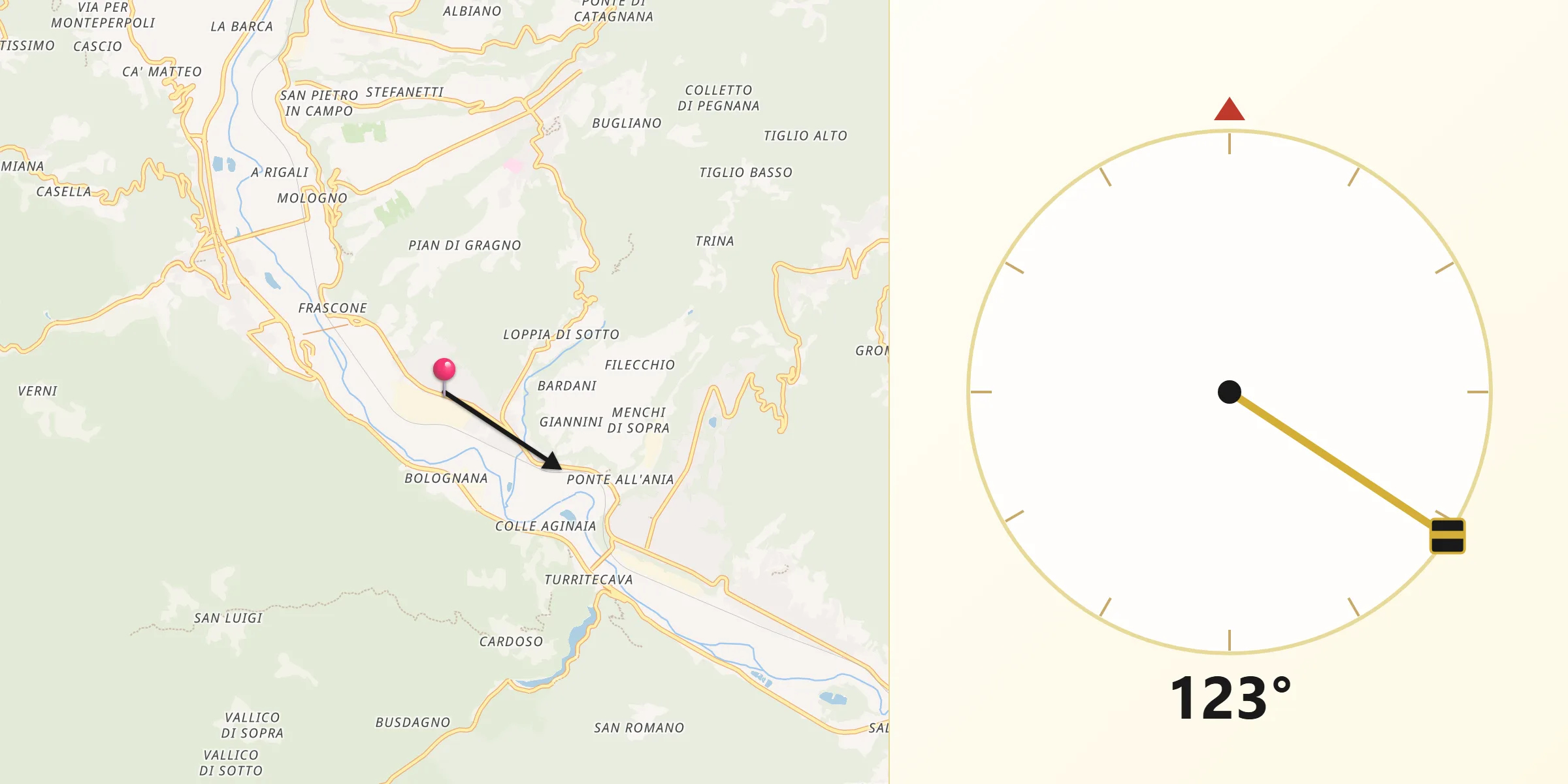 Direzione della Qibla da Fornaci di Barga